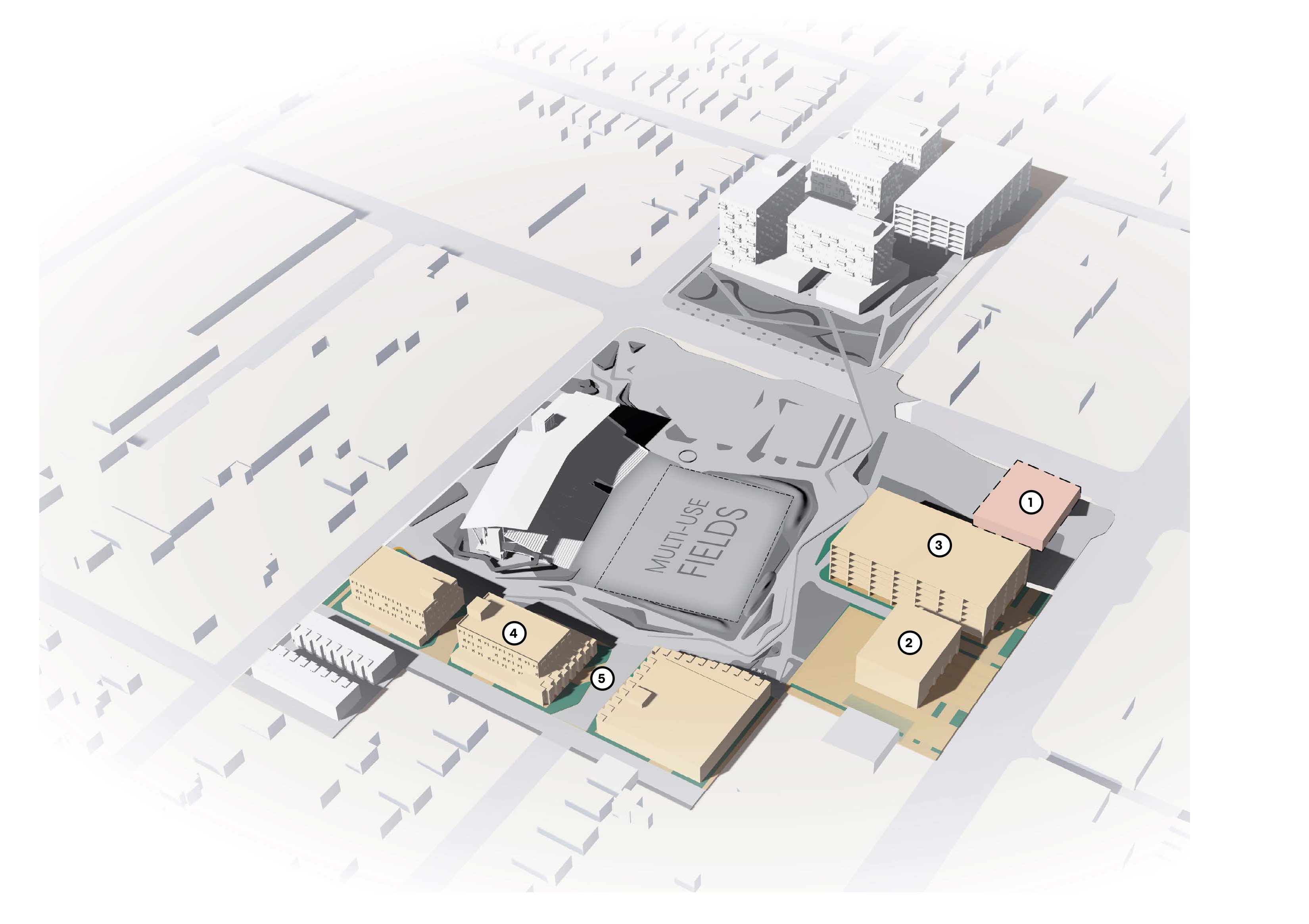 Axonometric site plan with numbered markers showing the locations for the Phase 3 proposals, with neighboring blocks and streets in pale gray.