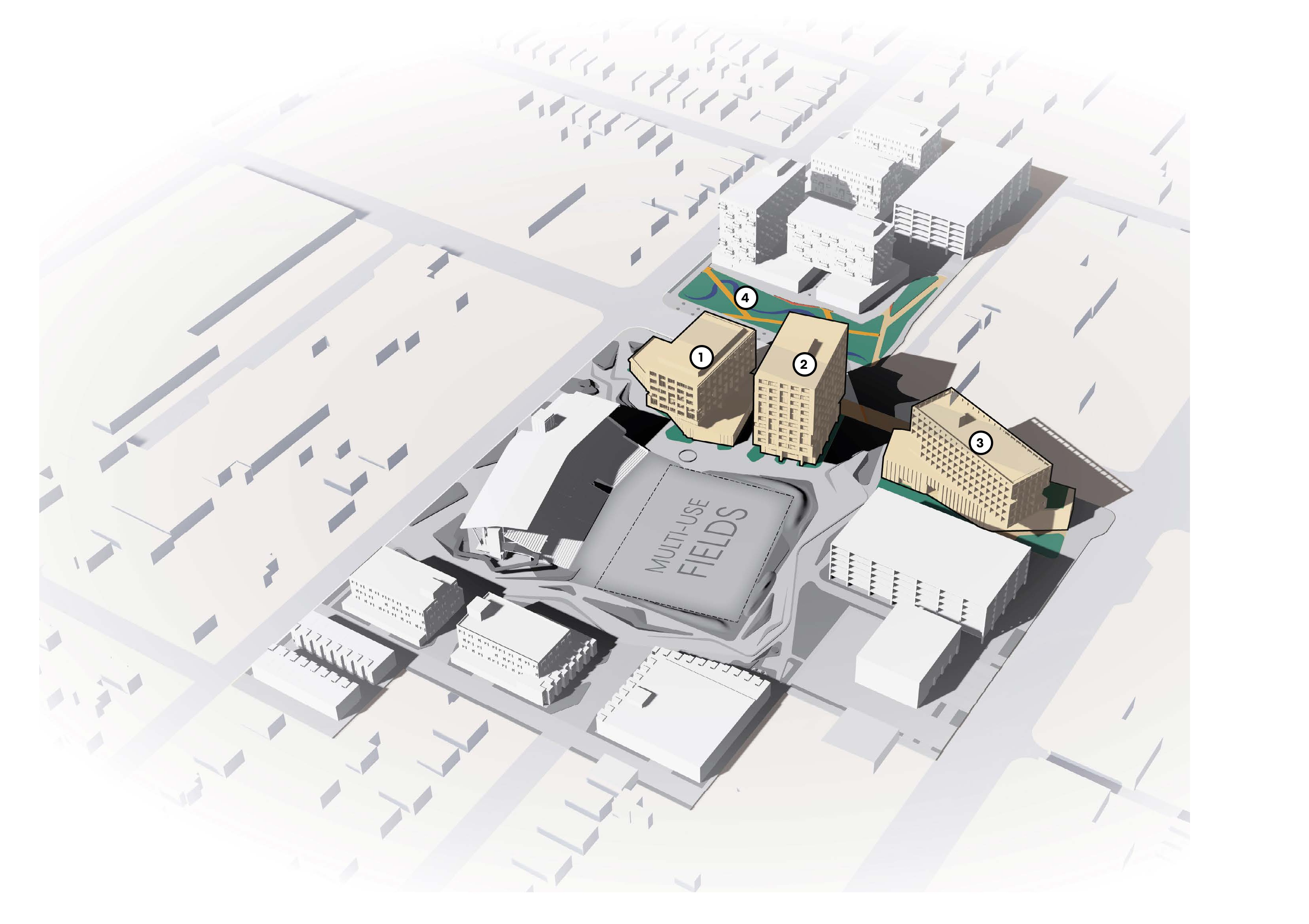 Axonometric site plan with numbered markers showing the locations for the Phase 4 proposals, with neighboring blocks and streets in pale gray.