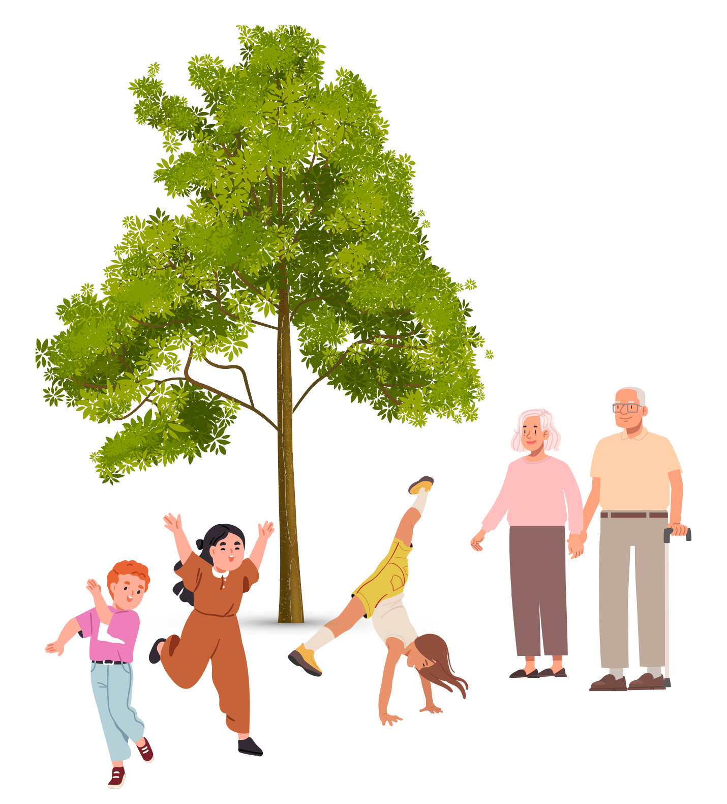 Illustration of community members of different ages gathered beneath a large leafy tree.