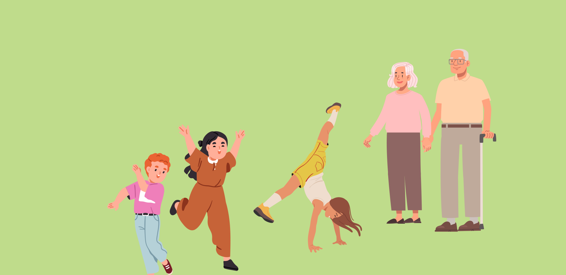 Children, an adult with a dog, and older adults standing together.