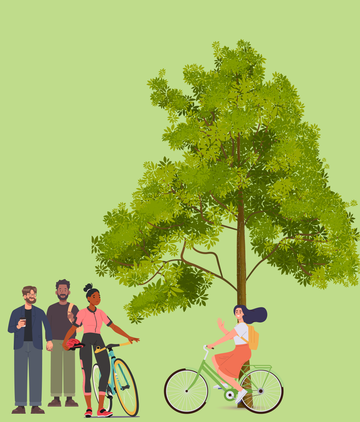 A tree-lined neighborhood street with residents walking and a cyclist.