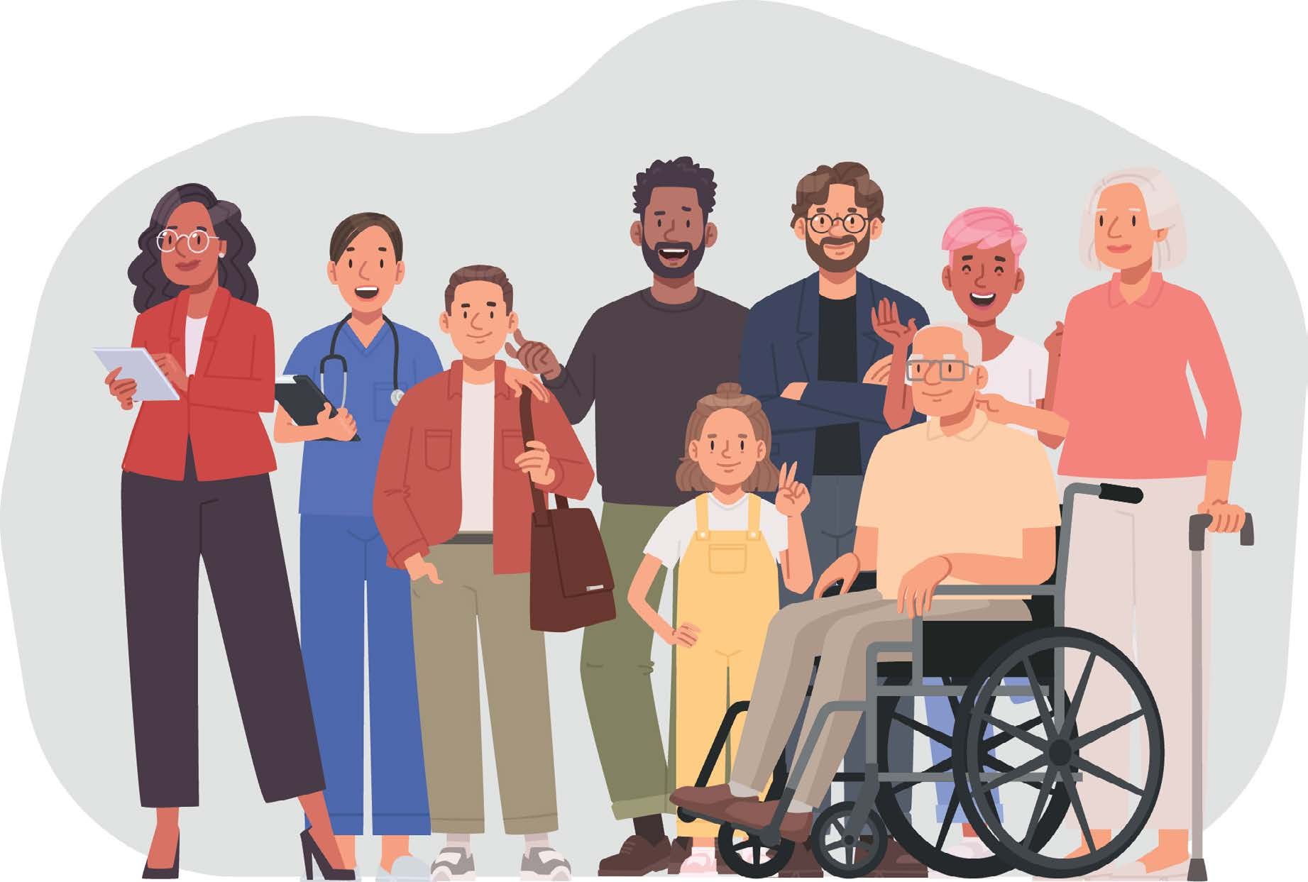 Residents gathered together, including a person using a wheelchair.