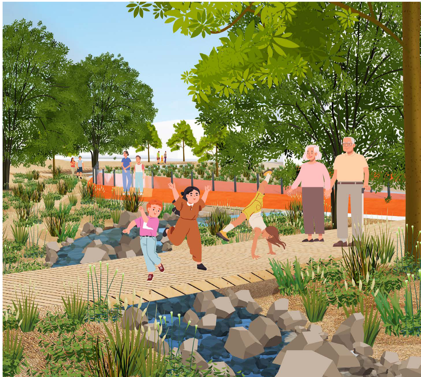 Families and neighbors beside a restored creek among trees, plantings, and paths.