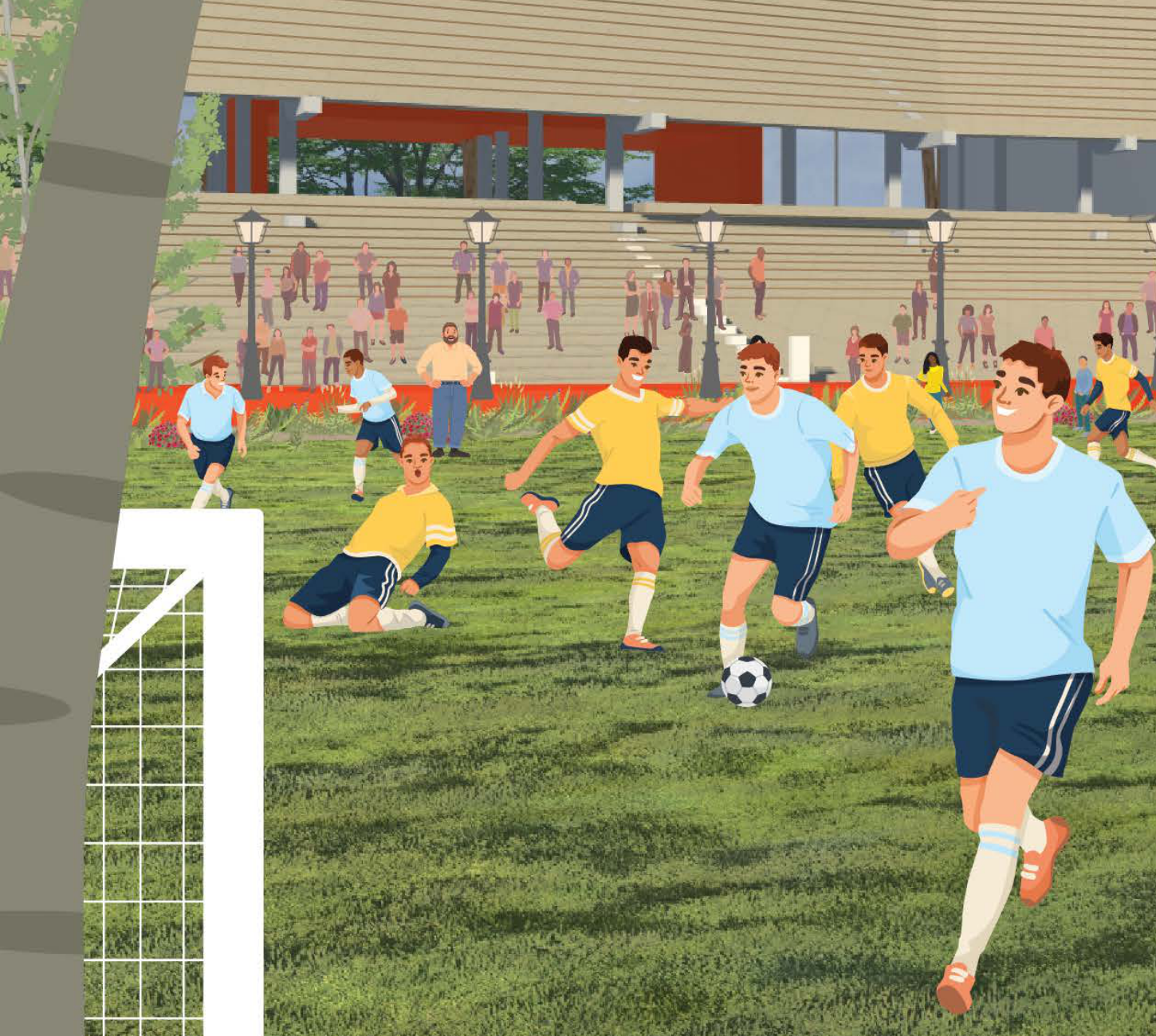 Young people playing soccer on the field beside the ballpark.