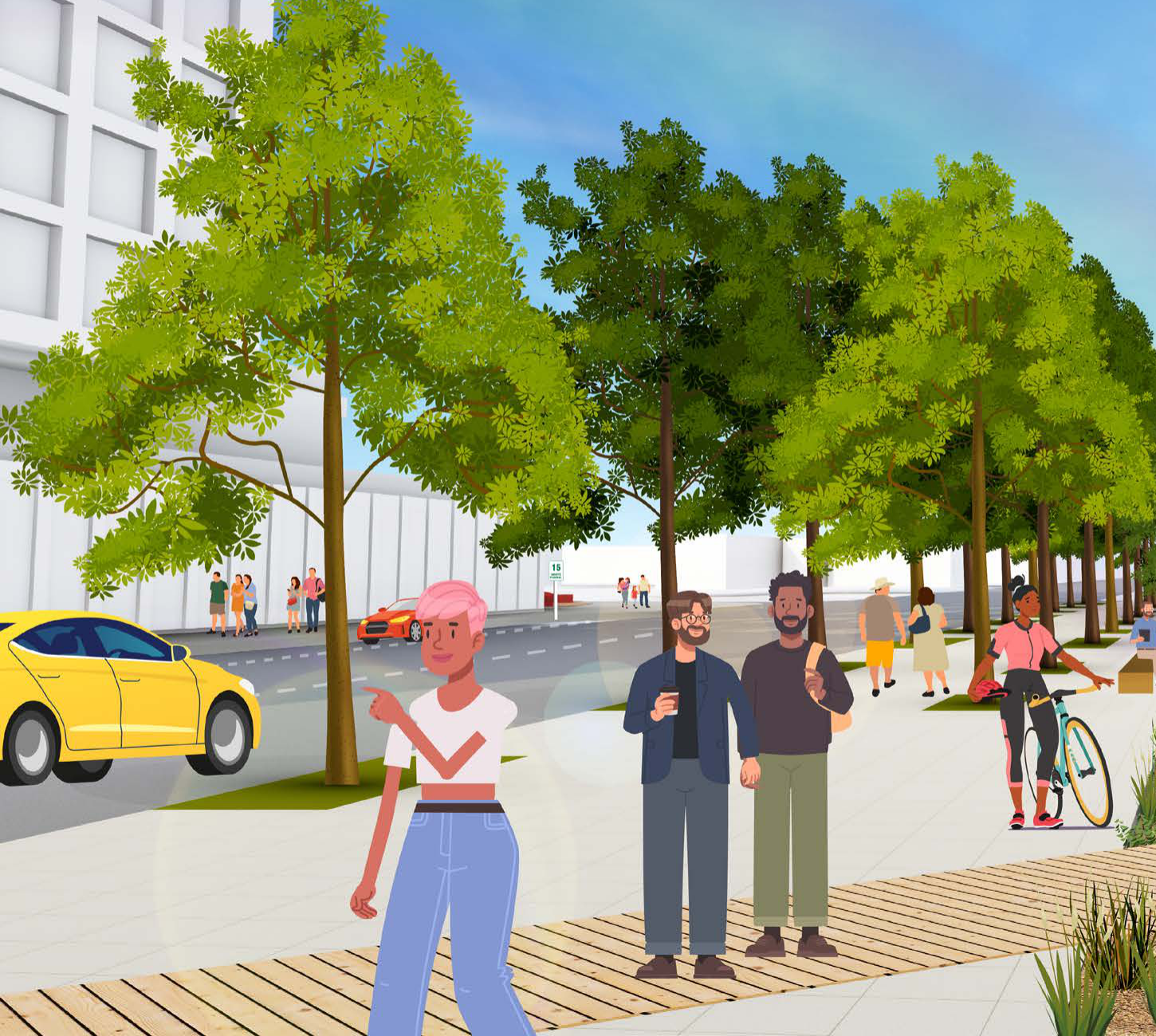 Tree-lined street with people walking, a cyclist, and a car.