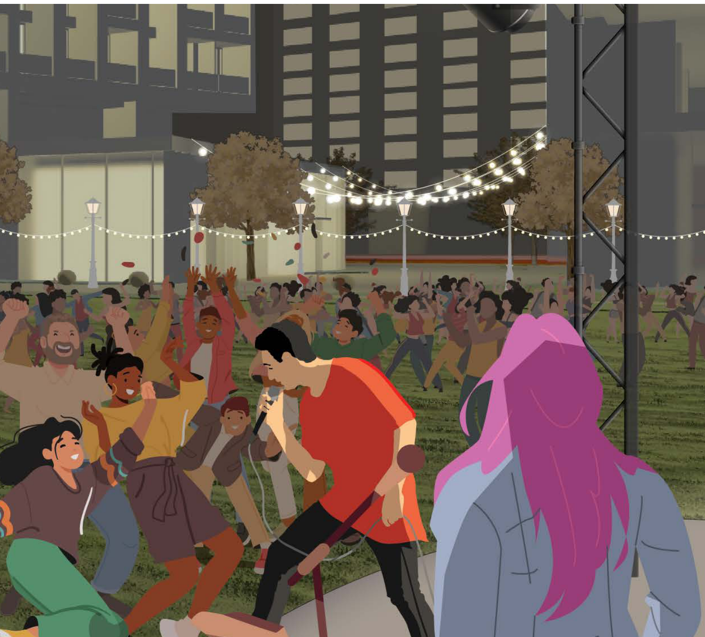 A crowd at an outdoor event in front of an illuminated ballpark venue.