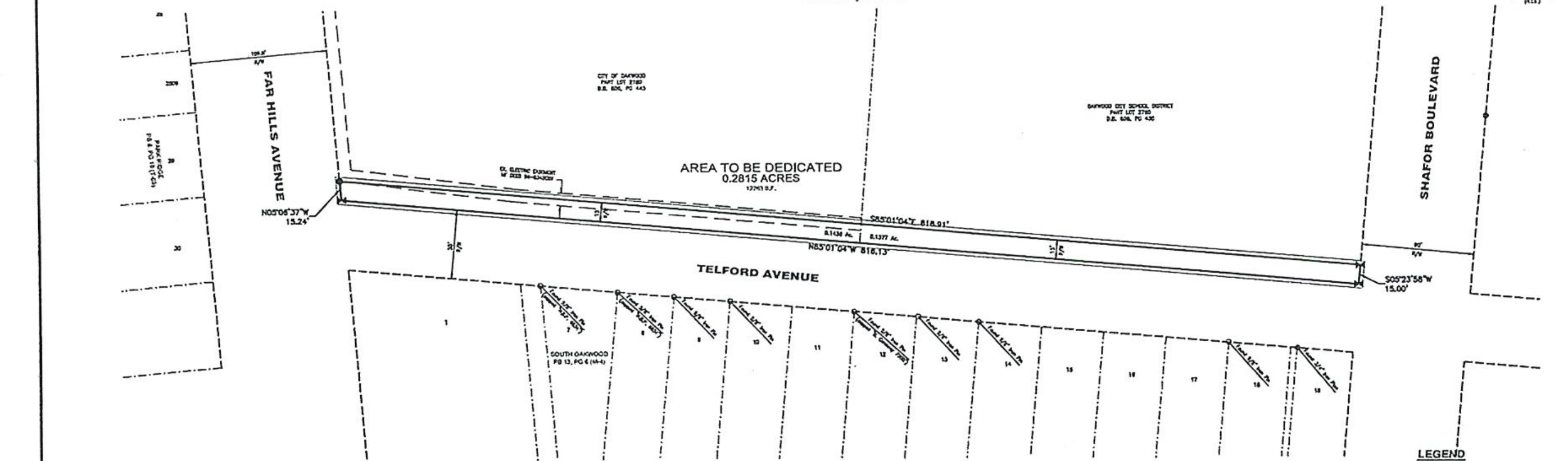 Engineering Survey Map of Telford Avenue showing Far Hills Avenue, Shafor Boulevard, dedicated area of 0.2815 acres, bearings and lot lines