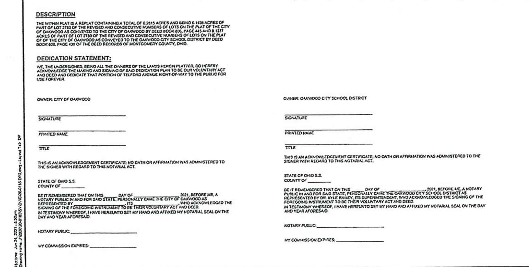 Legal Description, Dedication Statements, and Notary Acknowledgments for City of Oakwood and Oakwood City School District
