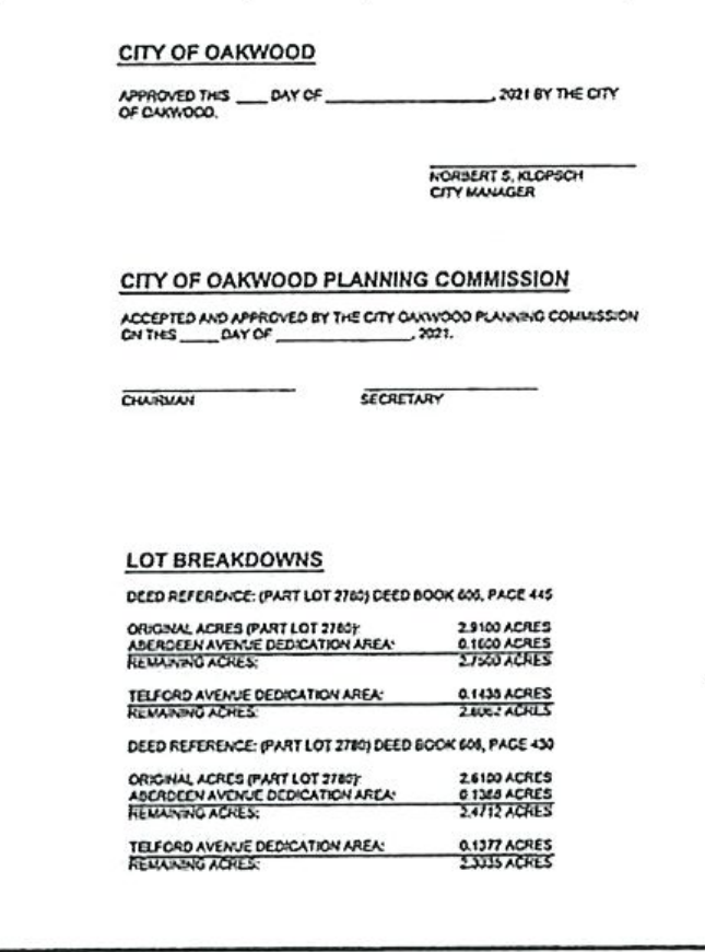 City of Oakwood Approval, Planning Commission Approval, and Lot Breakdowns Table
