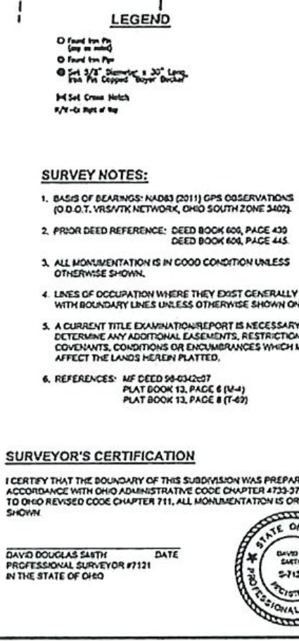 Legend symbols, Survey Notes 1 through 6, and Surveyor's Certification with professional seal