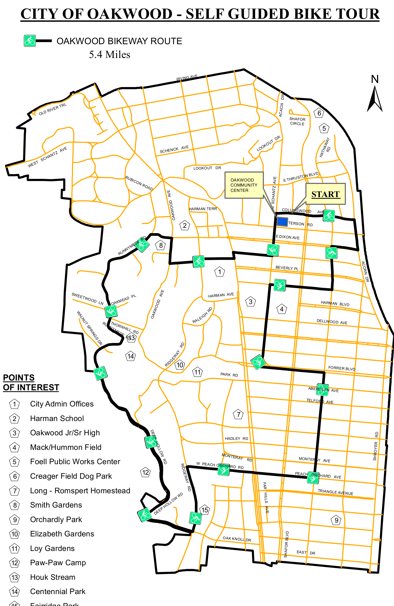 Map of the City of Oakwood showing the 5.4-mile Oakwood Bikeway Route, its streets, route line, start, and numbered points of interest.