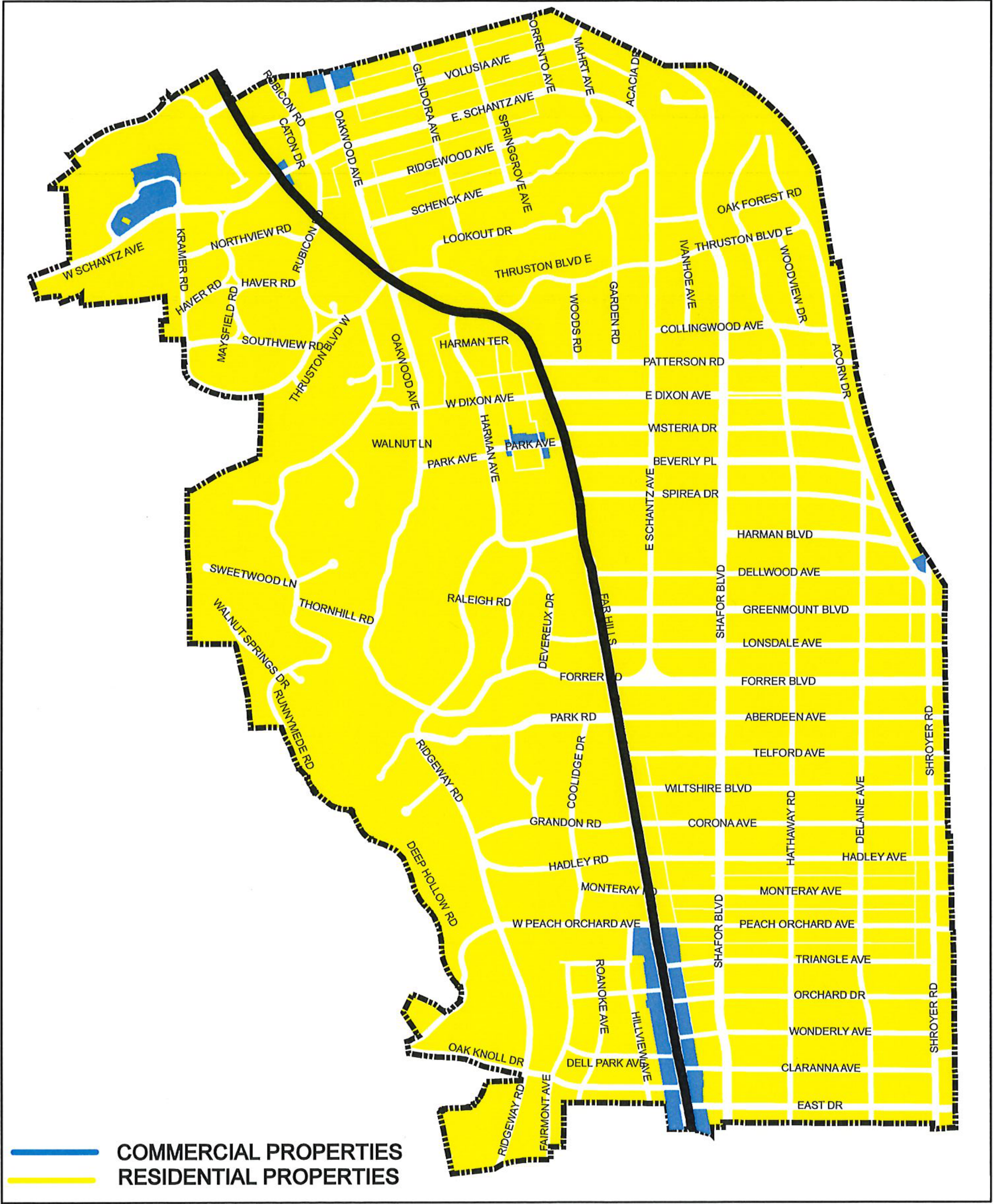Map of City of Oakwood showing commercial and residential properties