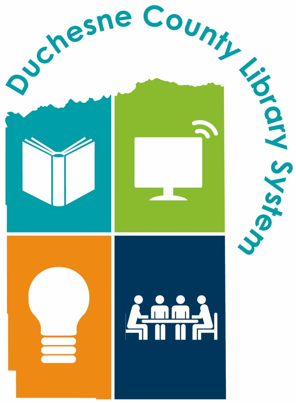 Duchesne County Library System logo featuring an outline of Duchesne County divided into four colorful panels representing reading, technology, ideas, and community.