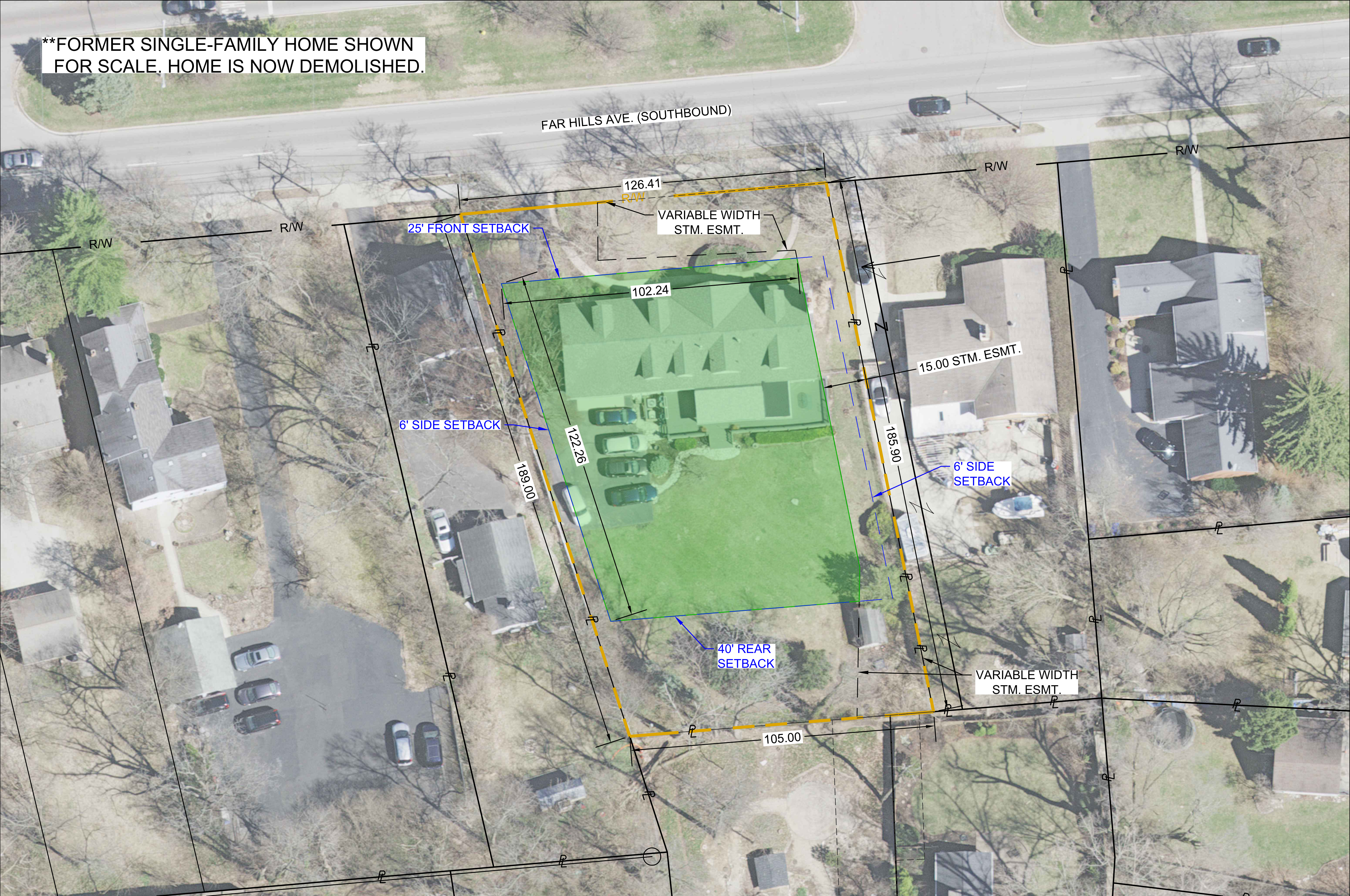Site Plan Map for 1313 Far Hills Ave showing residential lot building envelope, setbacks, property lines, and storm sewer easements.