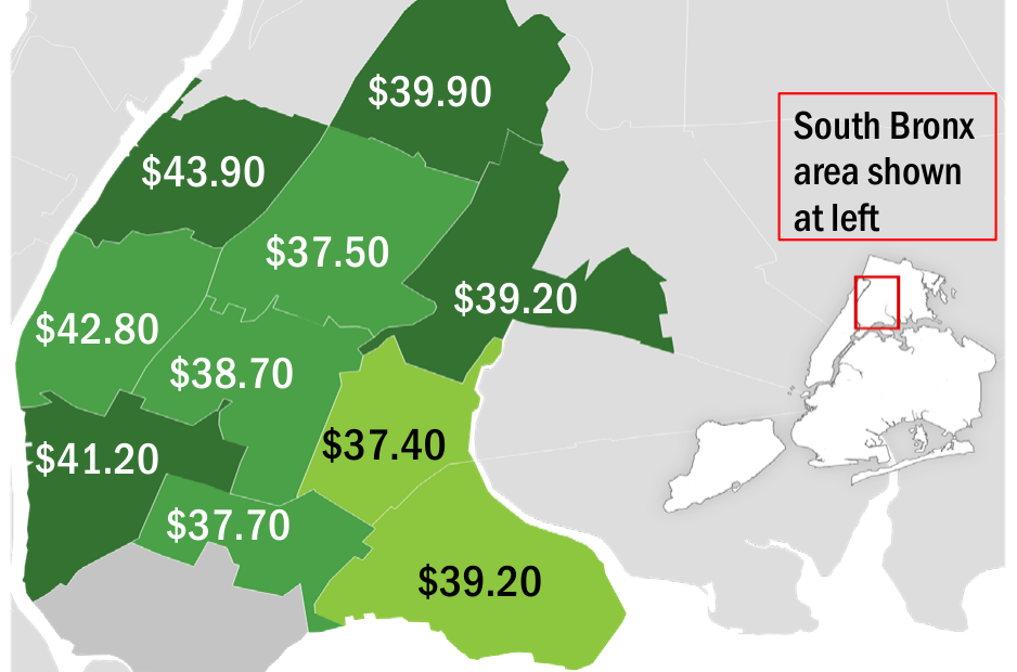 Map of South Bronx ZIP codes showing average food basket cost per ZIP code, ranging from $37.40 to $43.90
