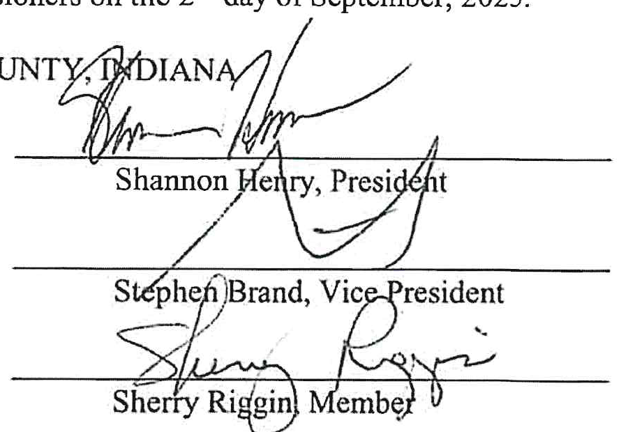 Signatures of Shannon Henry, President; Stephen Brand, Vice President; and Sherry Riggin, Member