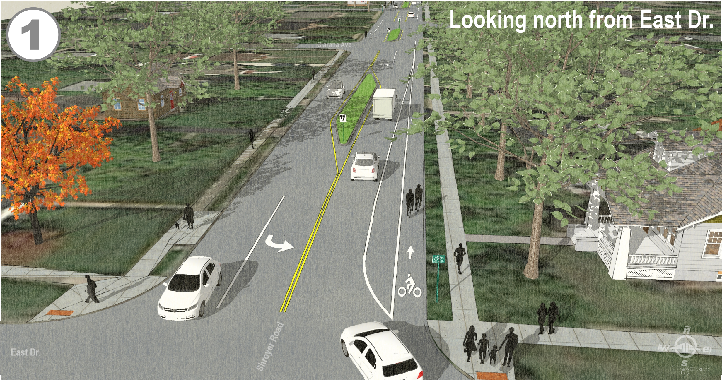 Panel 1: Looking north from East Dr.