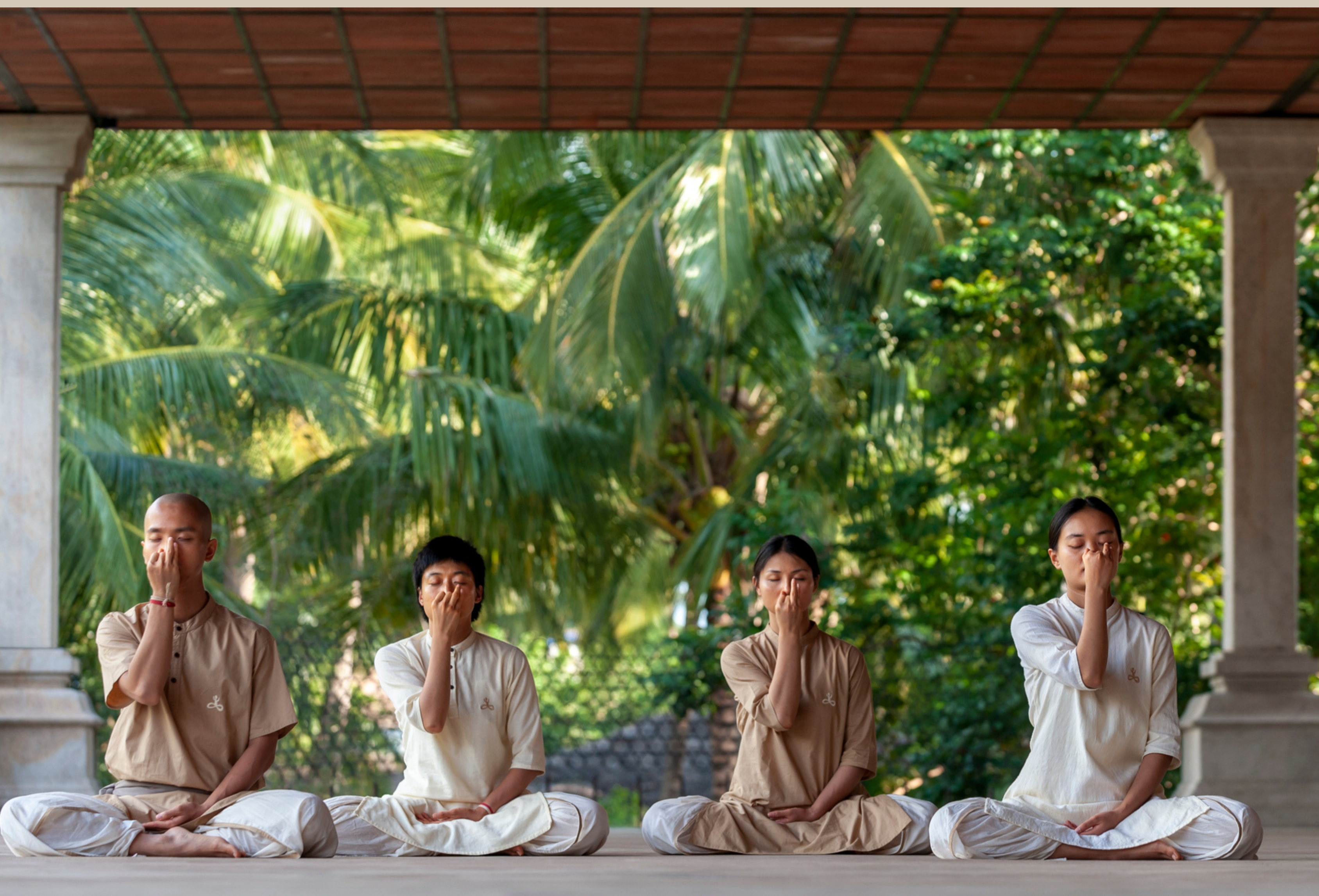 Practitioners sitting in a row performing alternate nostril breathing (nadi shodhana)