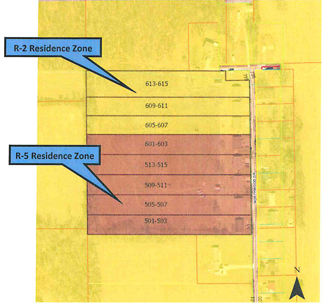 Zoning map showing current zoning classifications. Properties 613-615, 609-611, and 605-607 are within the R-2 Residence Zone (yellow), while properties 601-603, 513-515, 509-511, 505-507, and 501-503 along Northwood Drive are currently designated R-5 Residence Zone (brown/tan).