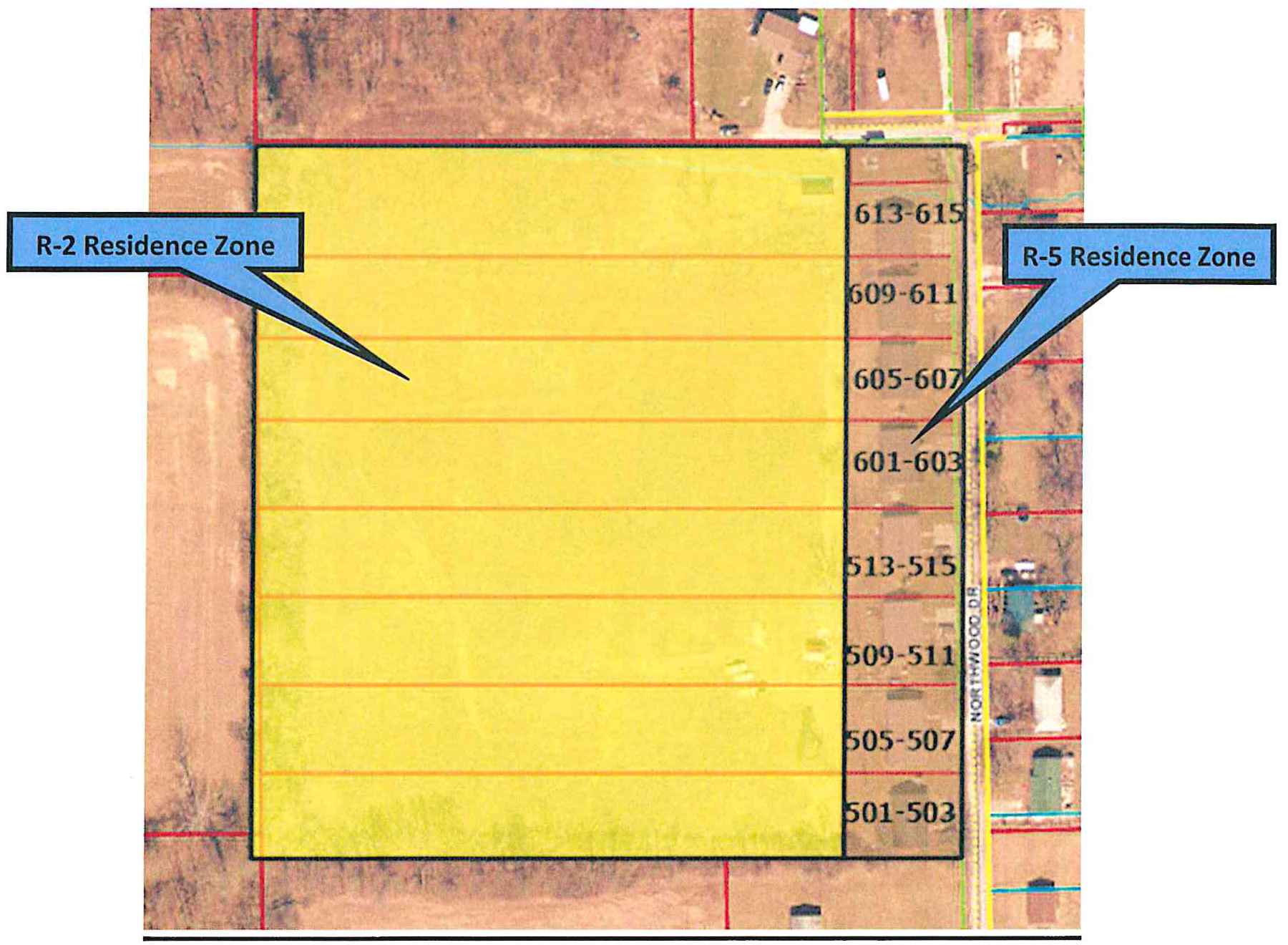 Aerial map showing proposed zoning after rezoning and platting. The entire subject parcel area (including 613-615 through 501-503 and adjoining land to the west) is re-designated as R-2 Residence Zone (yellow), adjacent to R-5 Residence Zone along the eastern corridor.