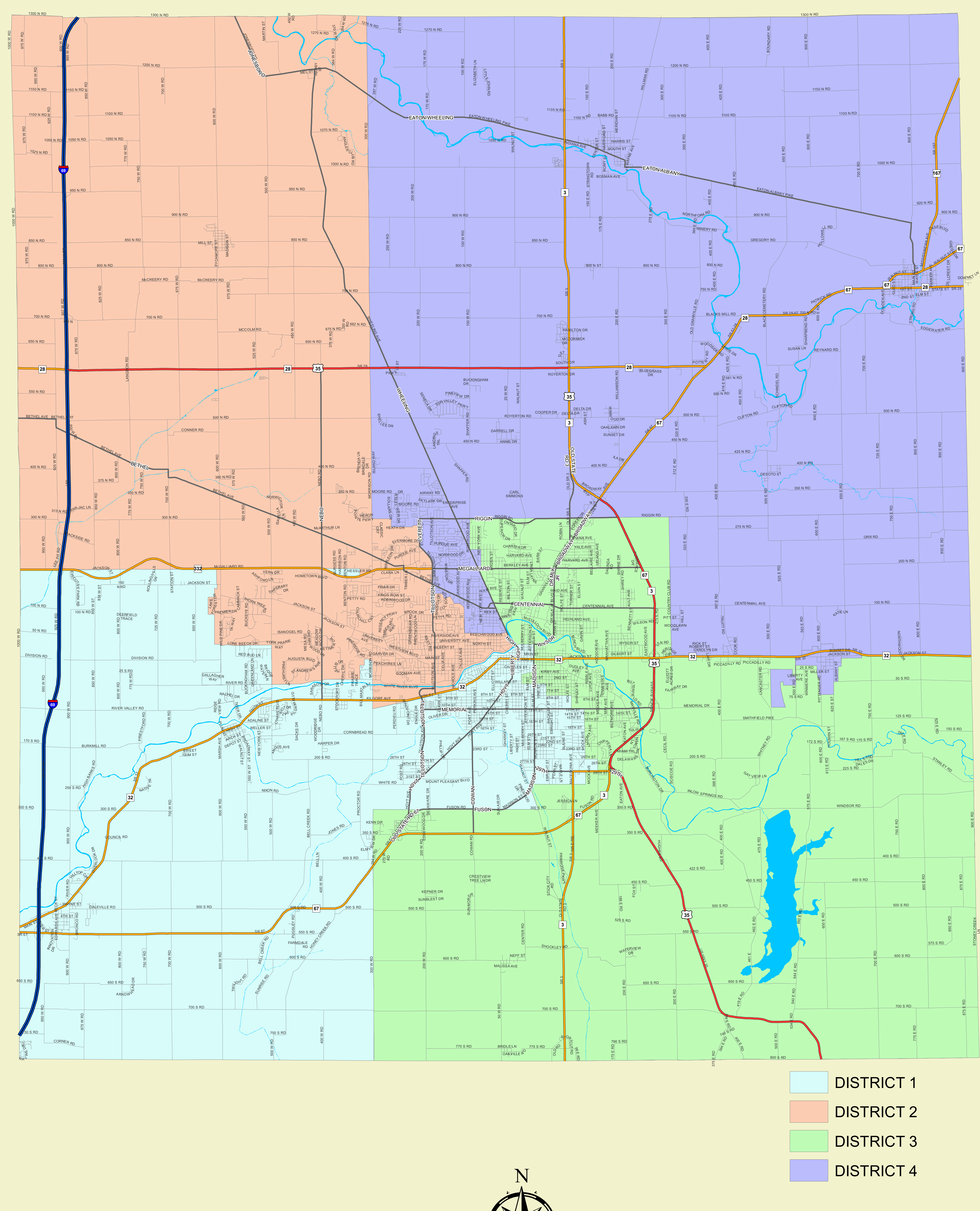 Detailed map of Delaware County, Indiana showing boundaries for Council Districts 1, 2, 3, and 4 along with highways, local roads, waterways, and the district legend.