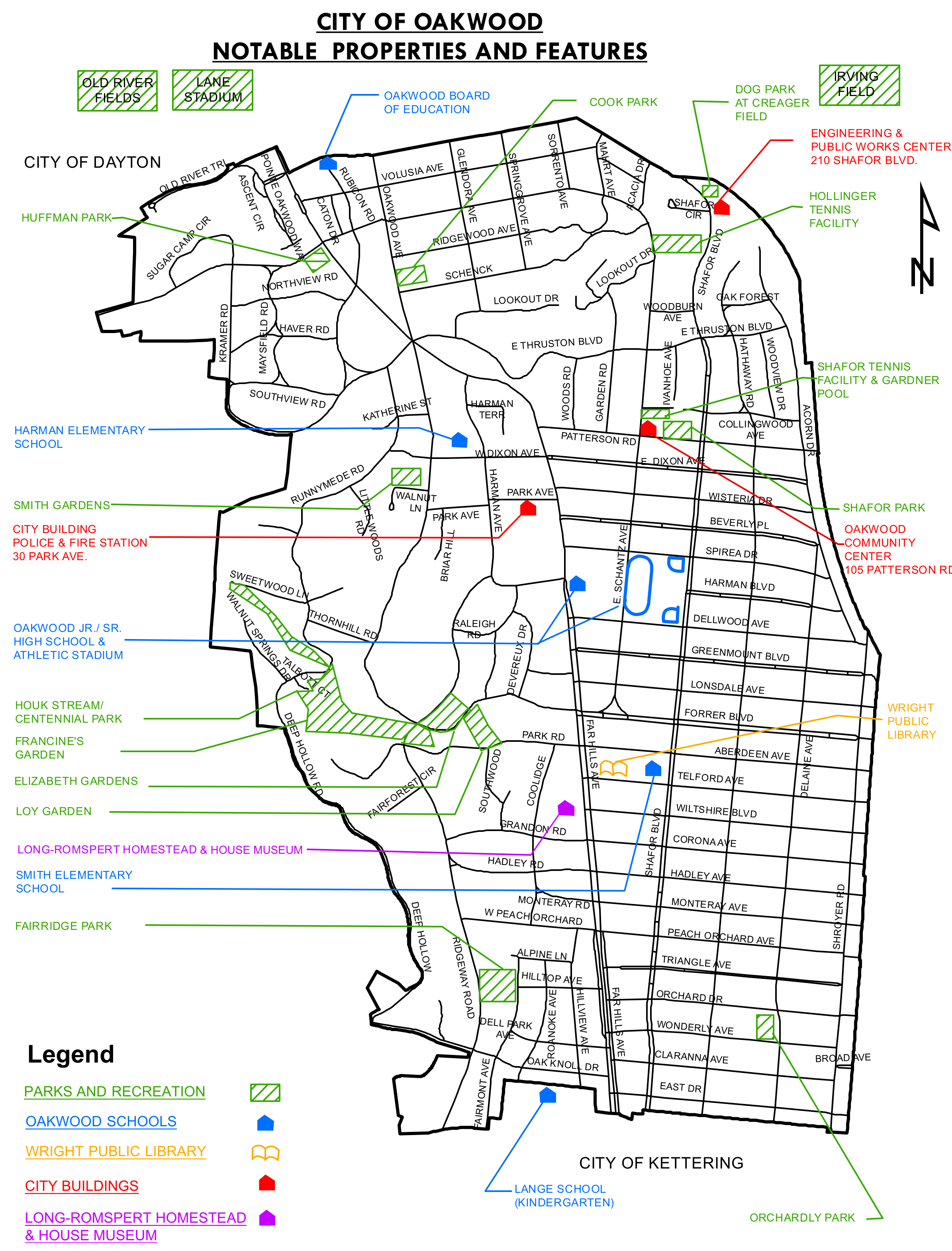 Street map of the City of Oakwood showing streets, boundaries with City of Dayton and City of Kettering, and locations of schools, parks, city buildings, library, and historical museum.