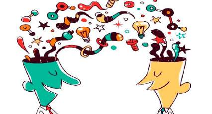 Illustration of two people exchanging ideas and knowledge representing shared services