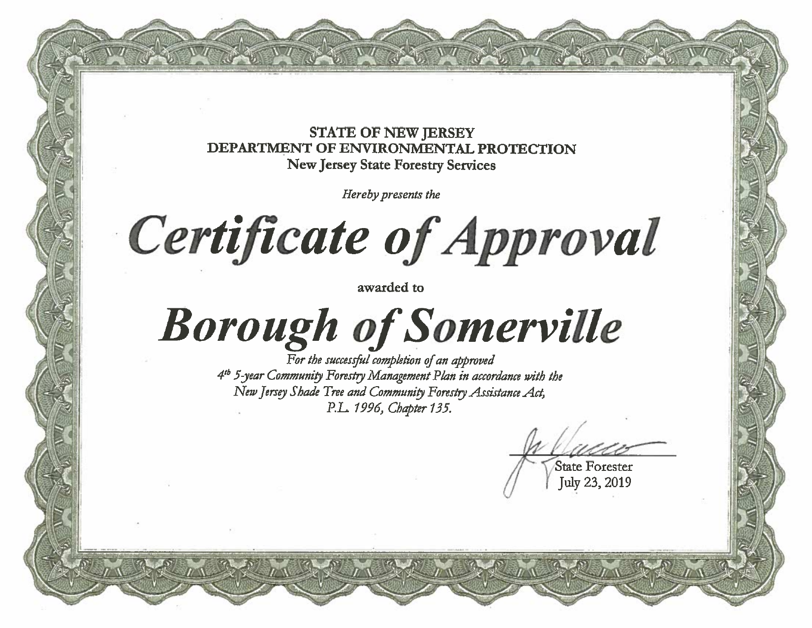 Certificate of Approval awarded to the Borough of Somerville. The complete certificate text follows.