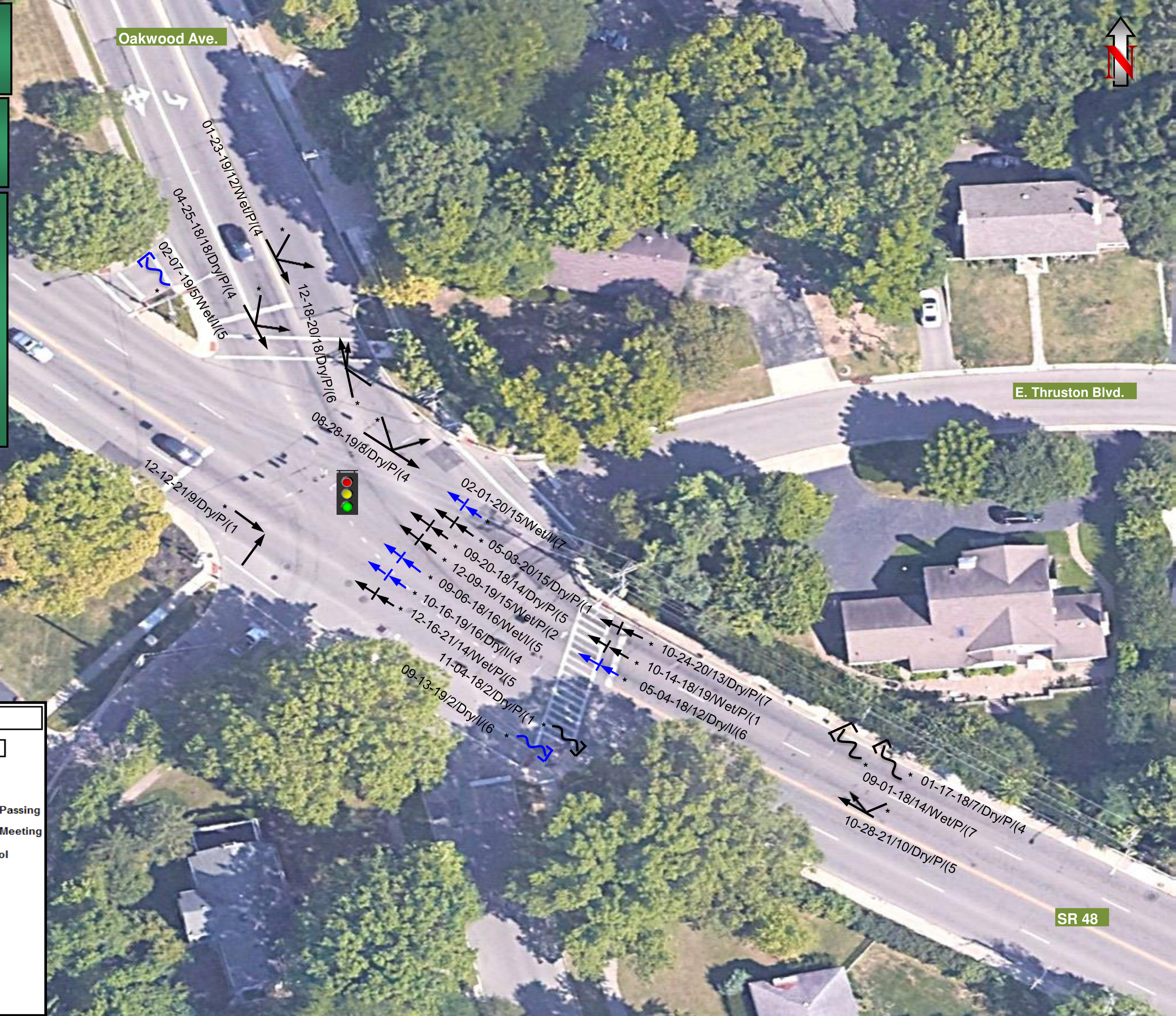 Aerial crash diagram map showing intersection of SR 48, Oakwood Ave., and E. Thruston Blvd. with crash vectors, signal light, and north arrow