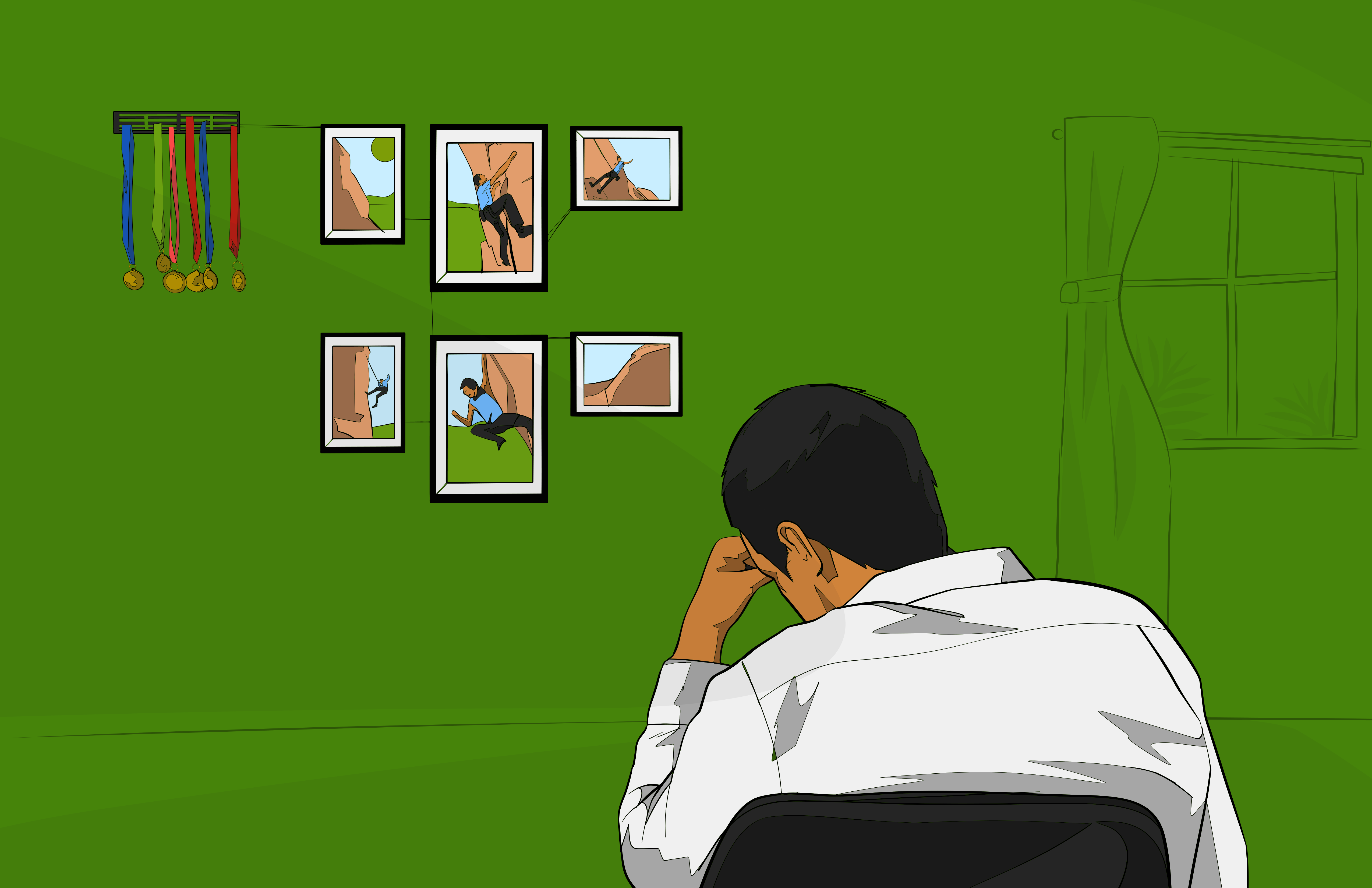 An illustration of a man sitting at a desk, seen from behind. He is looking at a green wall which displays several medals and framed photographs of himself rock climbing. To his right is a window with green curtains.