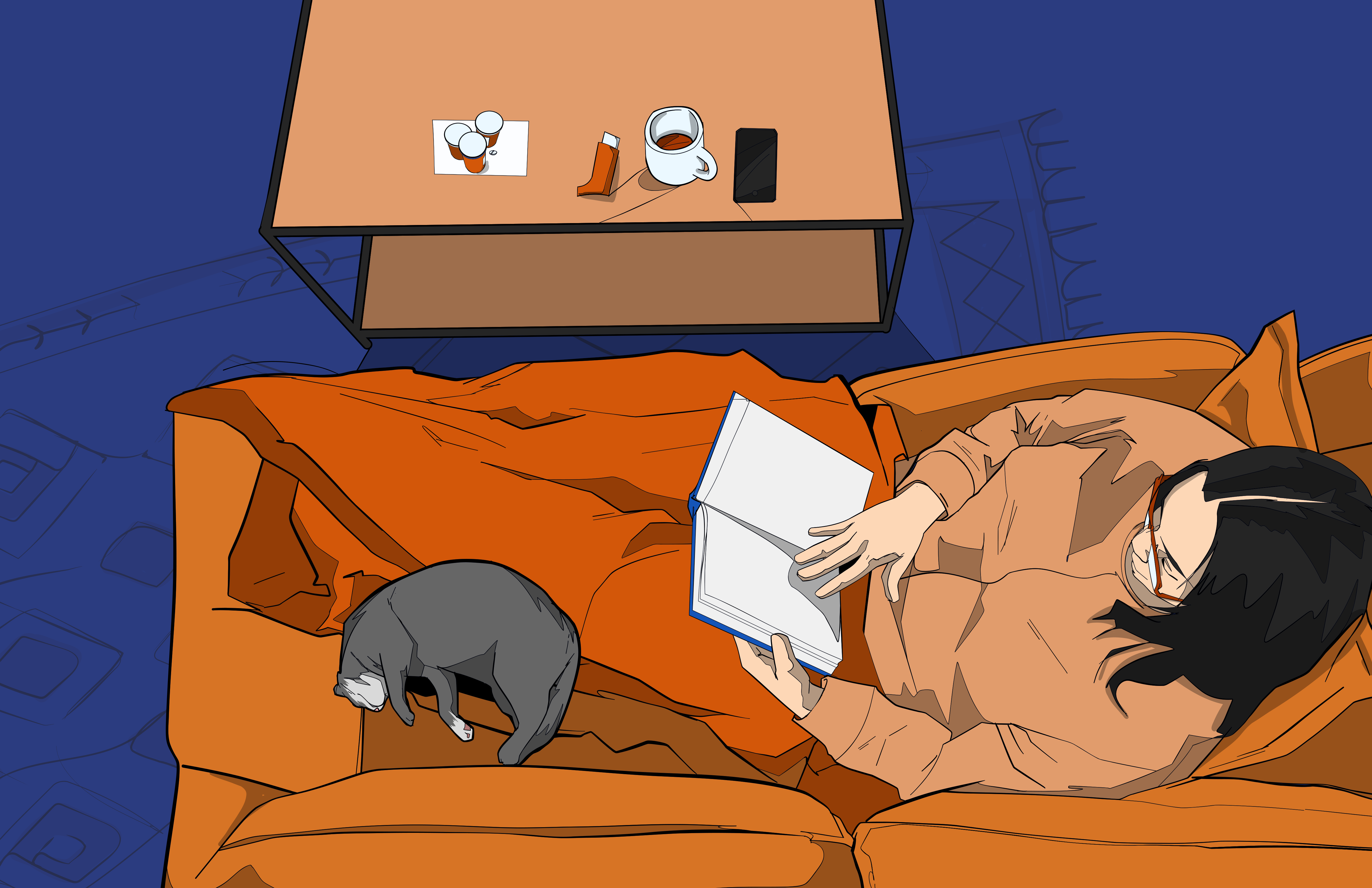 An illustration from an overhead perspective showing a person with black hair and glasses lying on an orange sofa, reading a book. A gray cat is curled up asleep next to them. In the background, a coffee table holds several medicine bottles, an inhaler, a white mug, and a smartphone. The scene is set on a patterned blue rug.