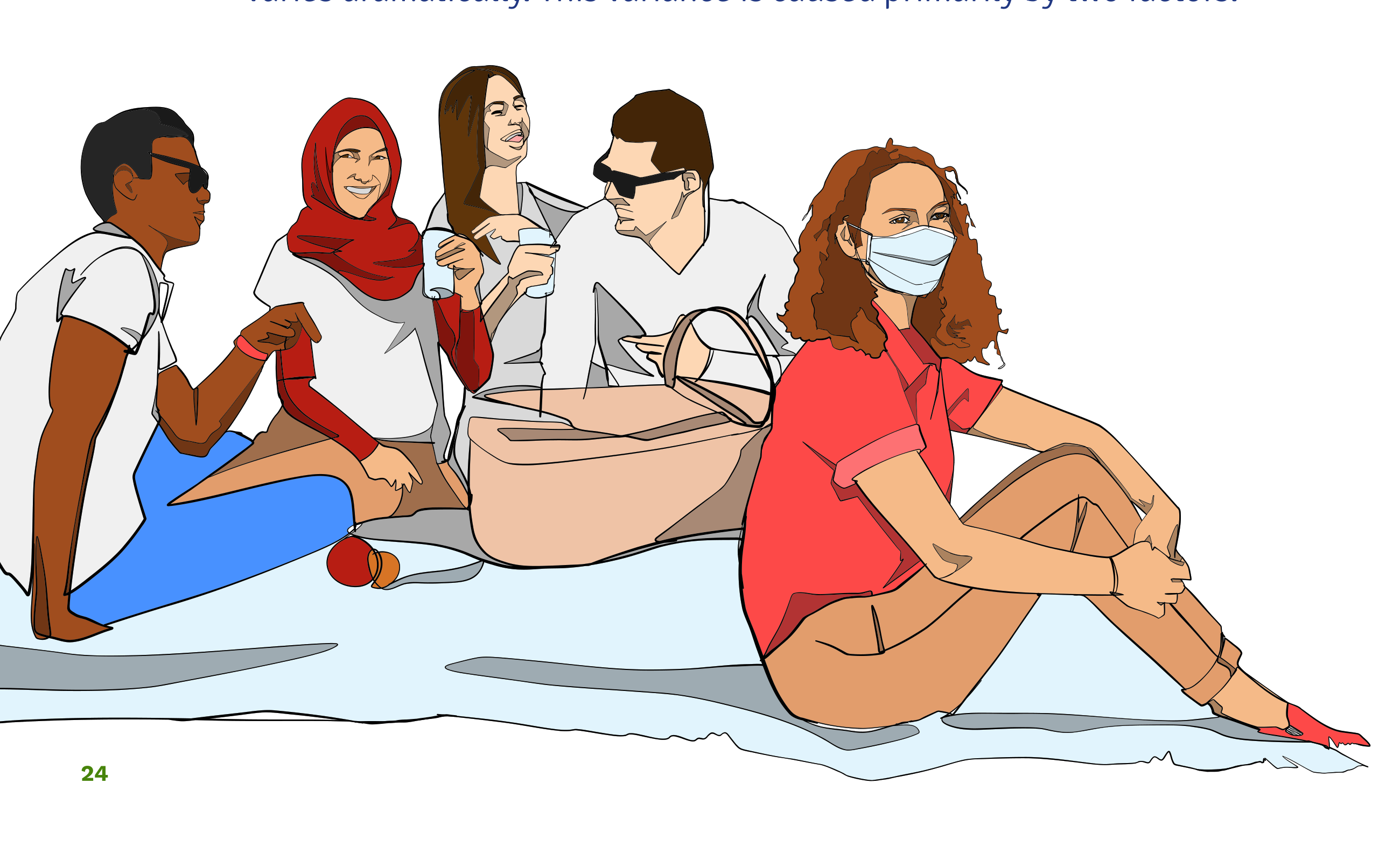 Illustration of a group of diverse people sitting outdoors together on a blanket, representing a community impacted by Long COVID.