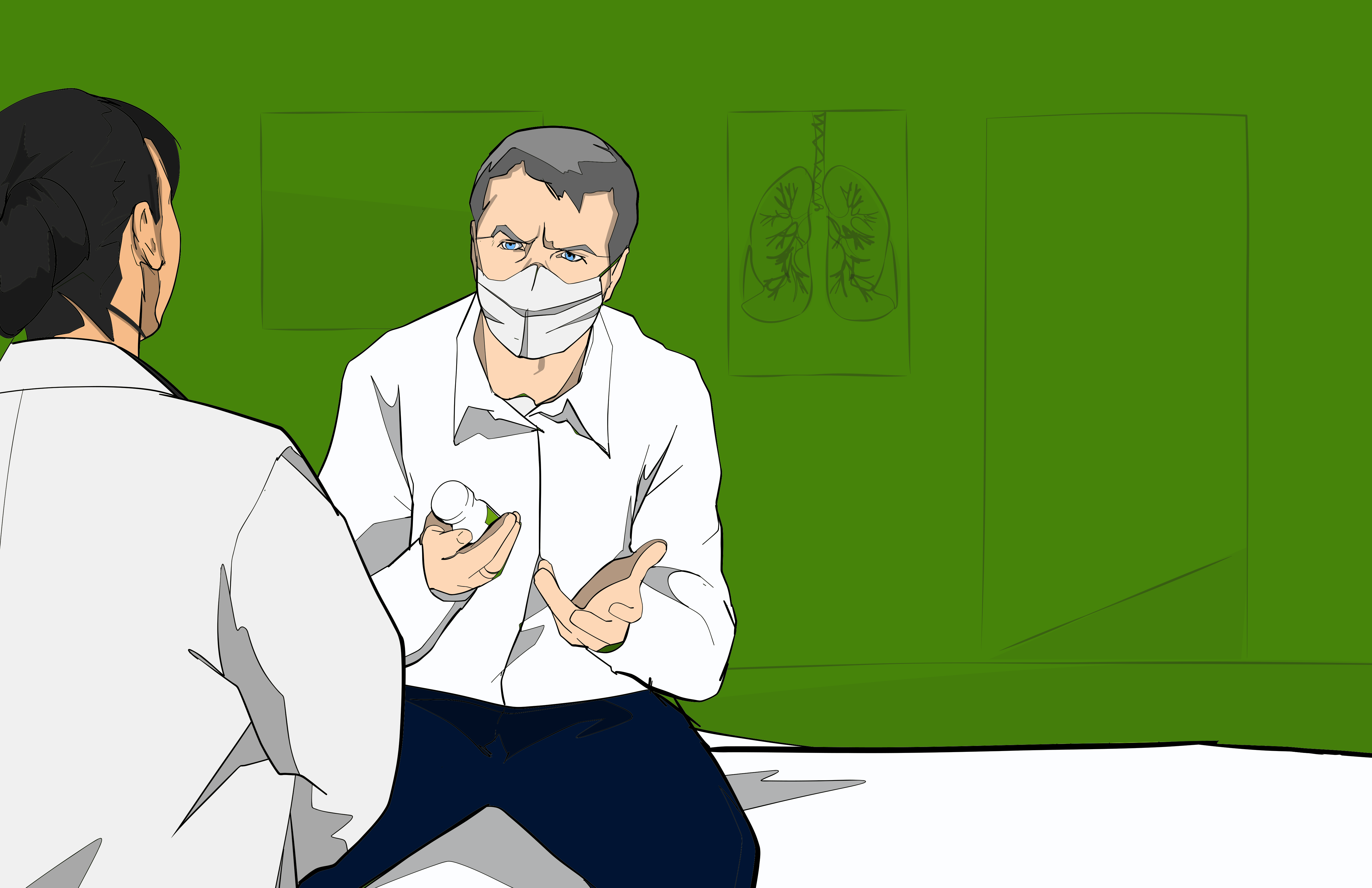 Illustration of a doctor and a patient in a consultation room. The patient, wearing a protective mask, holds a pill bottle and gestures while speaking to the doctor. The background is green with faint medical diagrams, including an image of lungs.