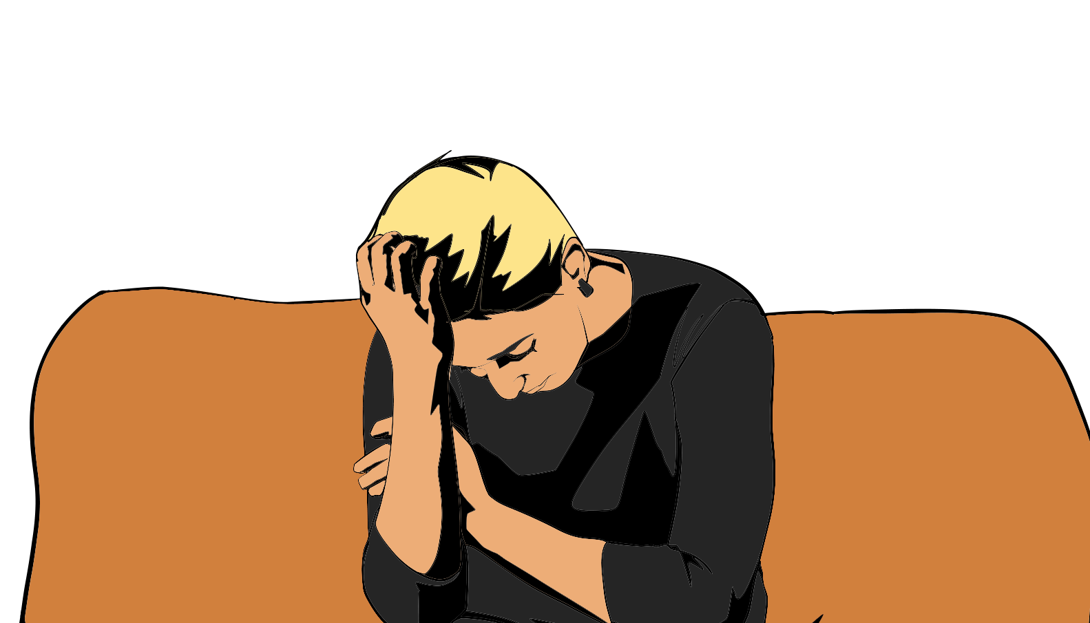 Illustration of a person sitting on a couch, looking distressed with head in hands