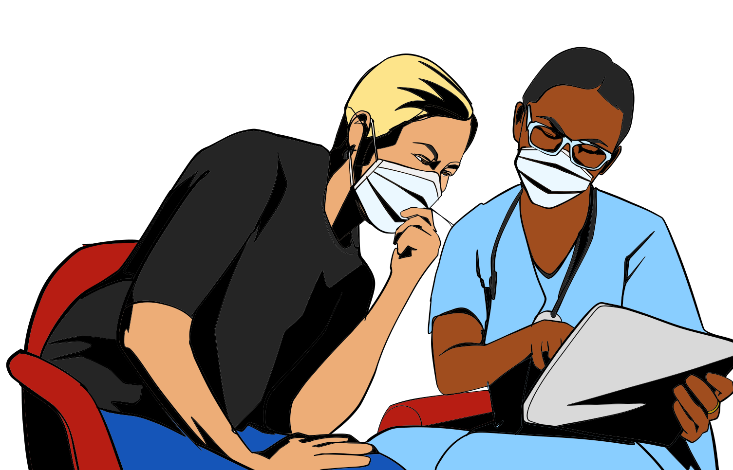 Illustration of two healthcare providers wearing masks and looking at a digital tablet together