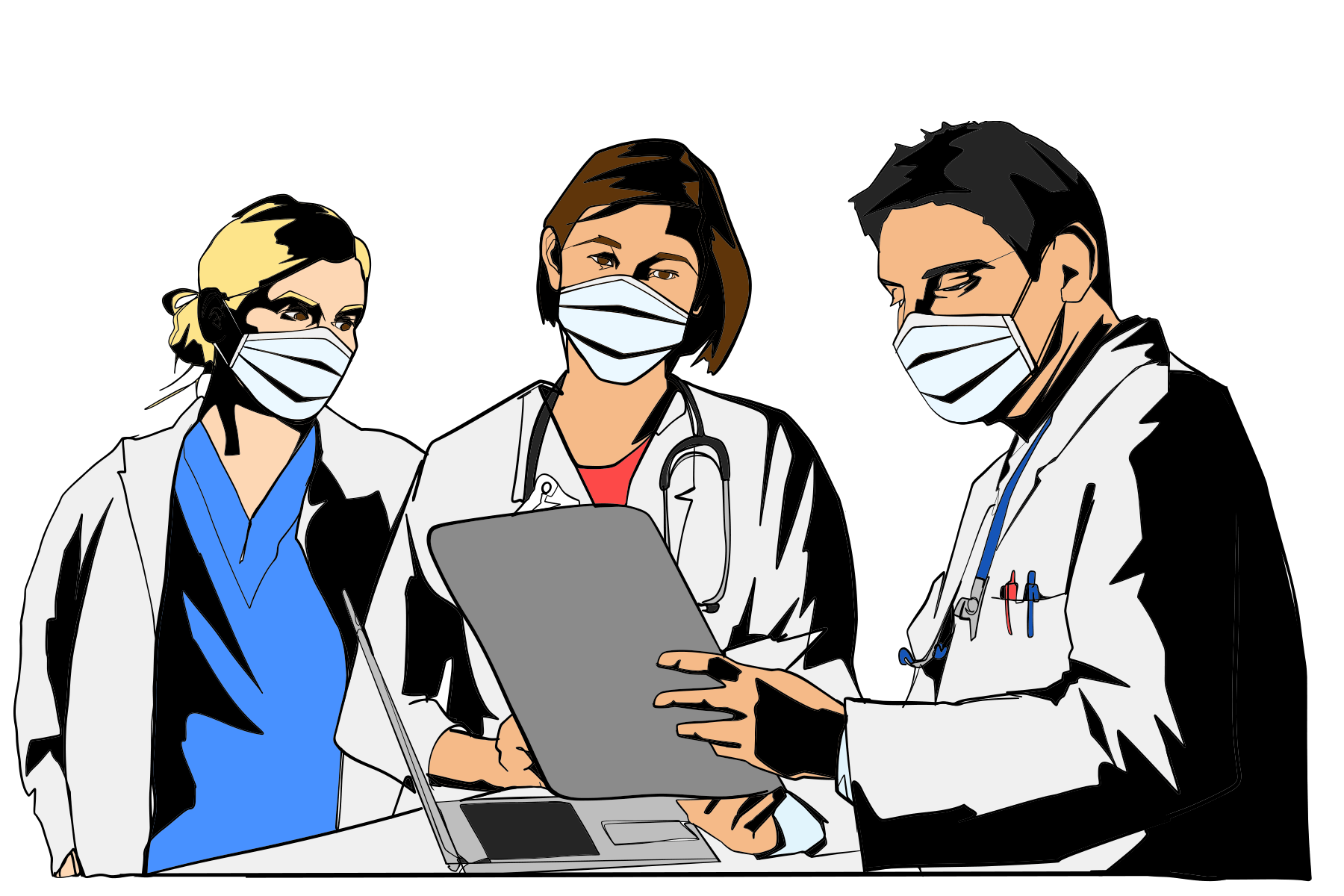 Three healthcare providers wearing masks and consulting over a tablet.