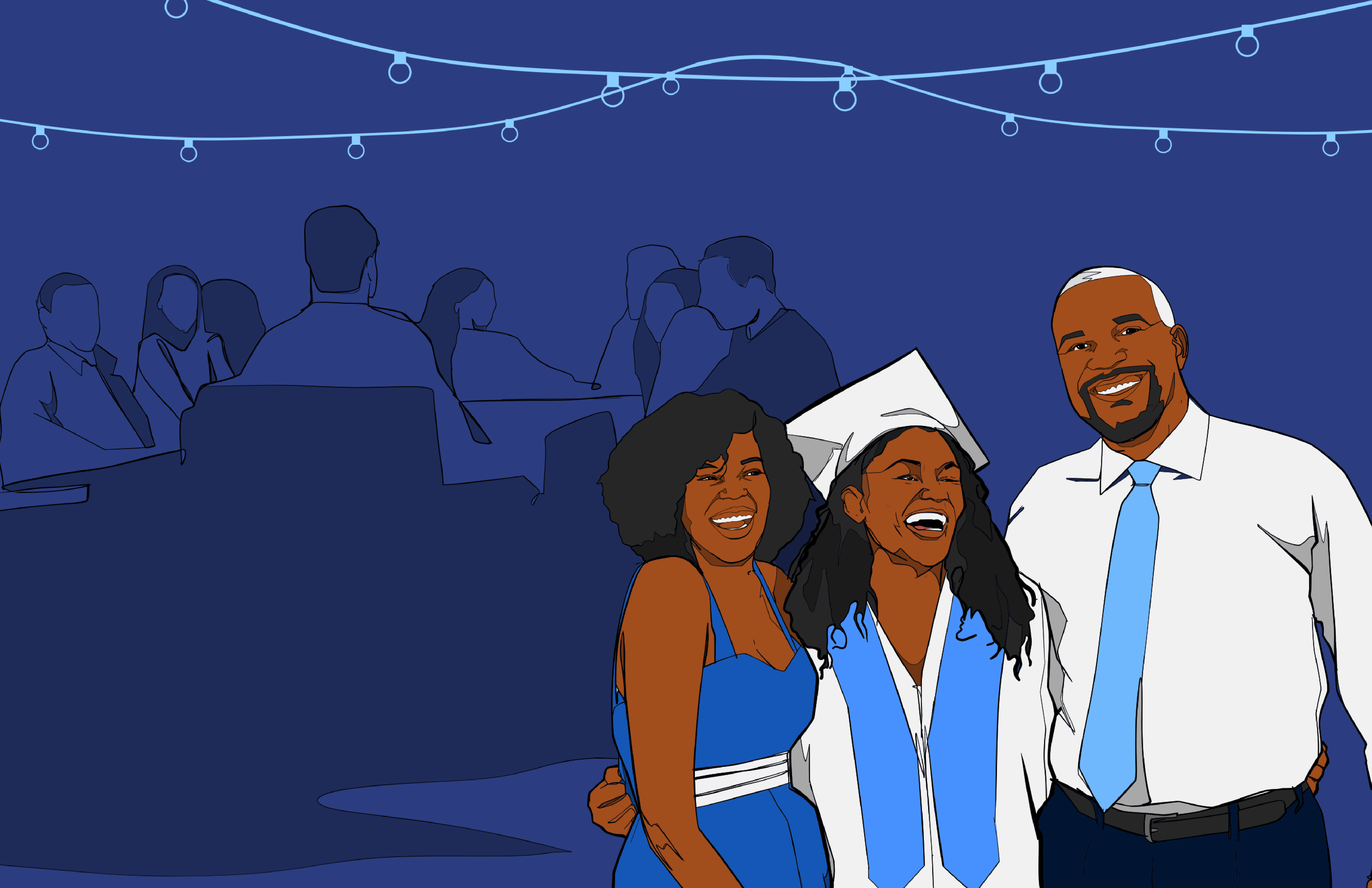 Illustration of a Black graduate in a white cap and gown laughing with her parents at a party under blue string lights.