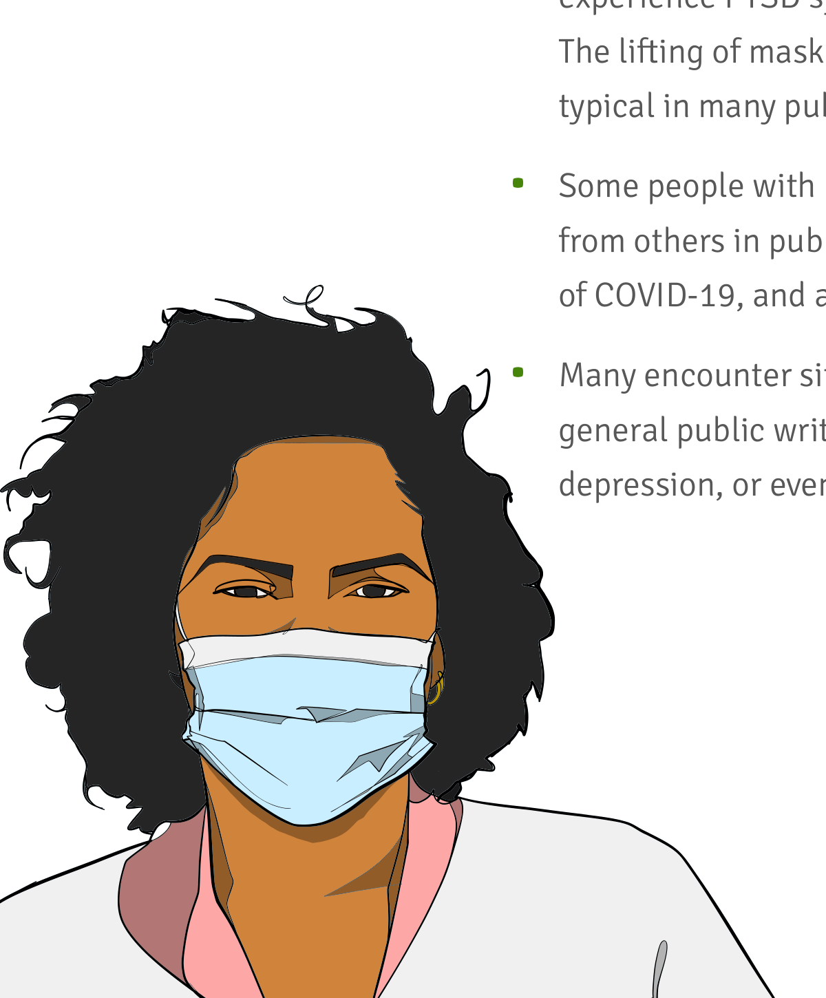 Illustration of a person with dark curly hair wearing a blue face mask and a light pink shirt.