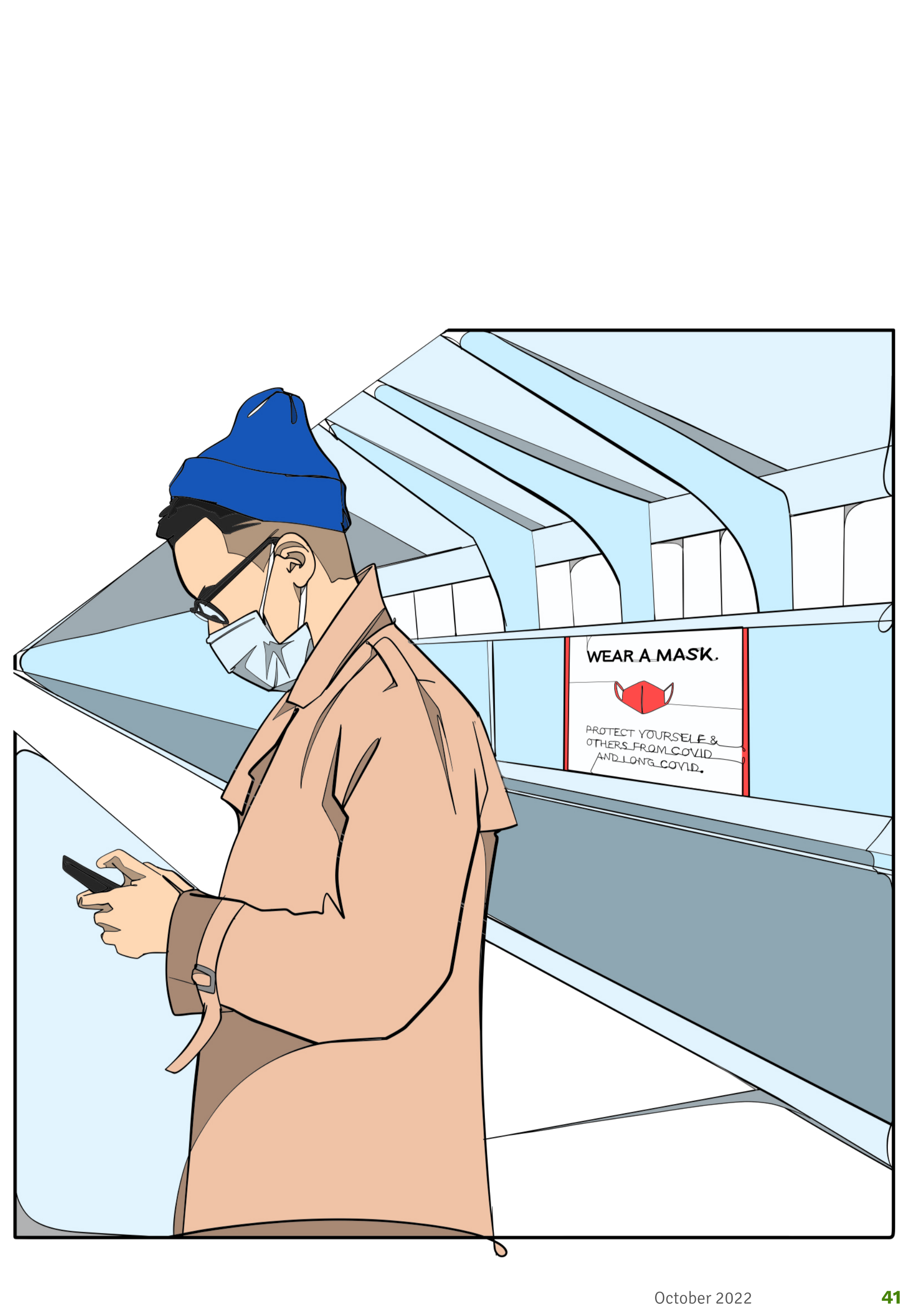 Illustration of a person wearing a mask and beanie looking at a phone in a public transport setting with a 'WEAR A MASK' sign.