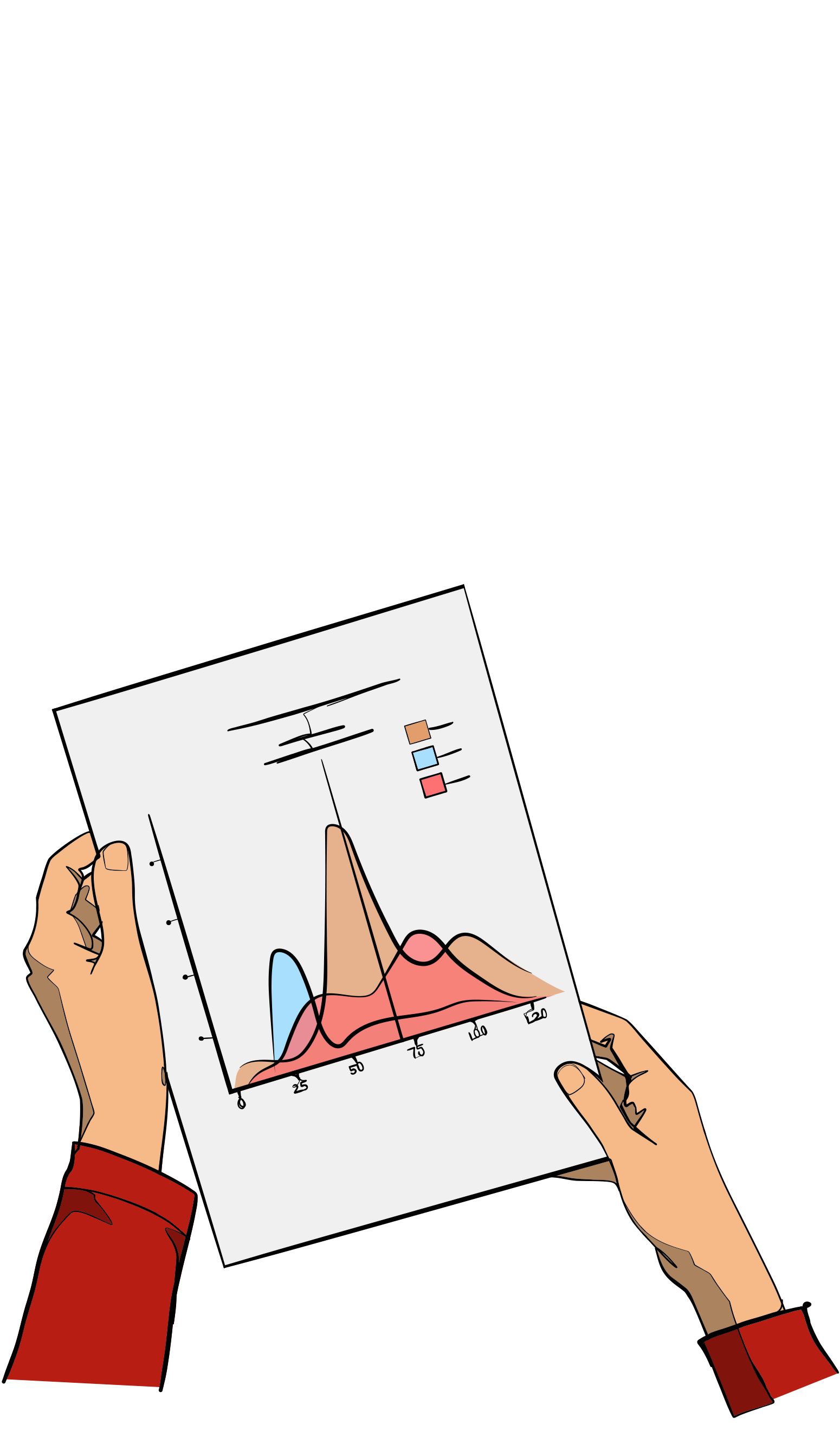 Illustration of hands holding a chart showing data curves.
