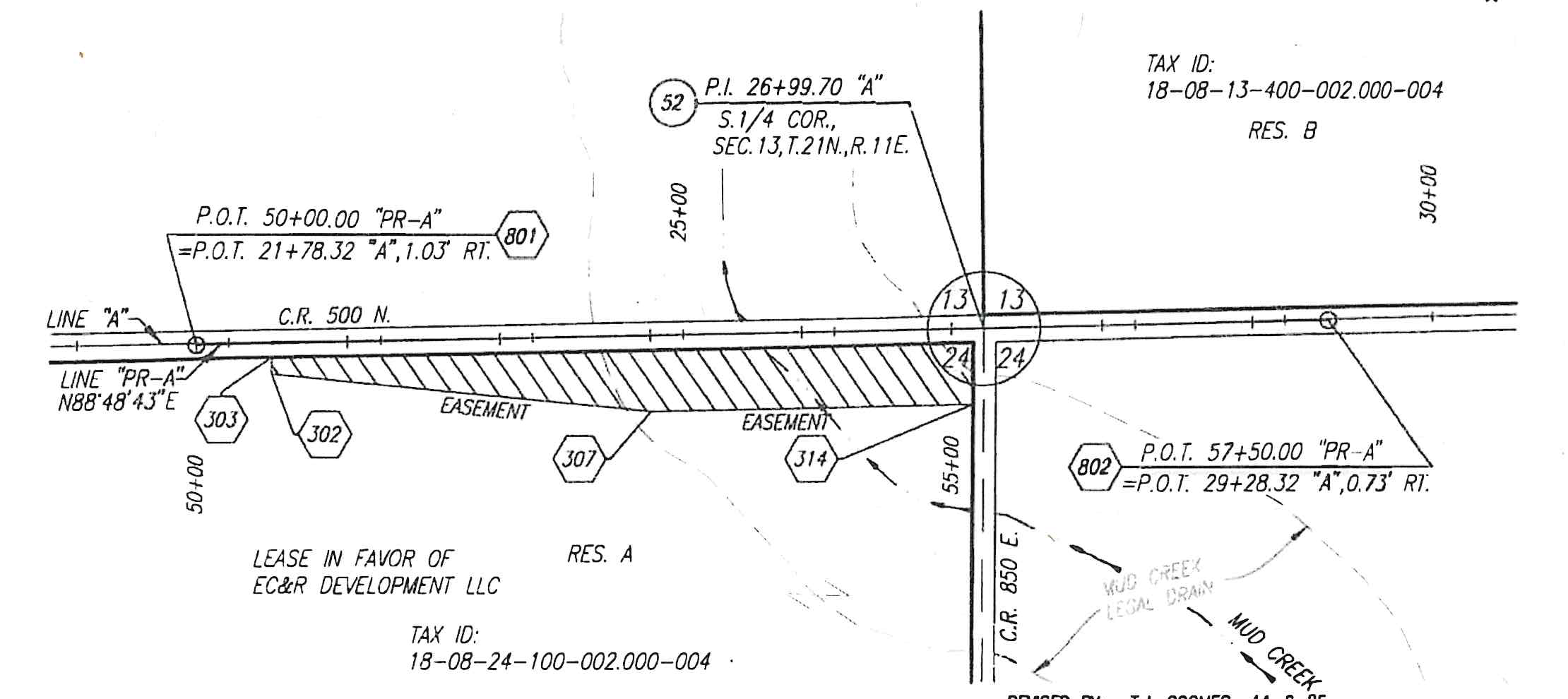 Highway easement parcel plat map diagram showing stations, property lines, easement hatched area, C.R. 500 N, and C.R. 850 E
