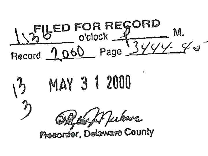 Delaware County Recorder stamp, dated May 31, 2000, Record 2060 Page 3444-45