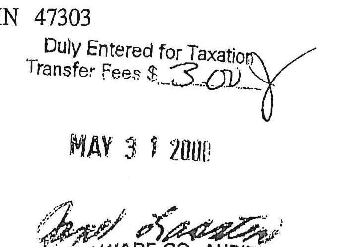 Delaware County Auditor stamp, dated May 31, 2000, transfer fee $3.00