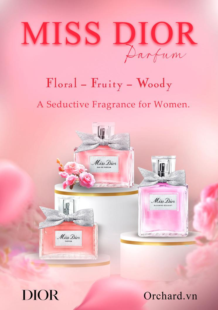 Miss Dior Parfum main poster showing three fragrance bottles on white pedestals