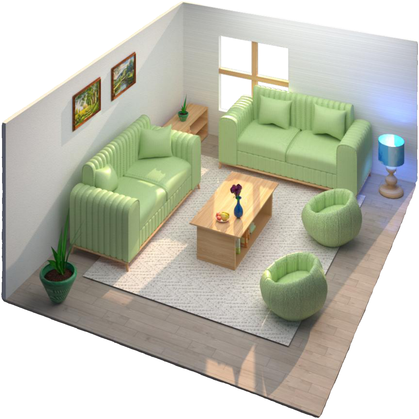 3D Living Room Render Layout
