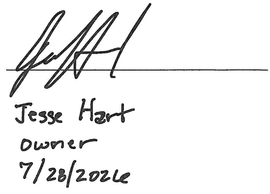 Signature of Jesse Hart, Title: Owner, Date: 7/28/2026