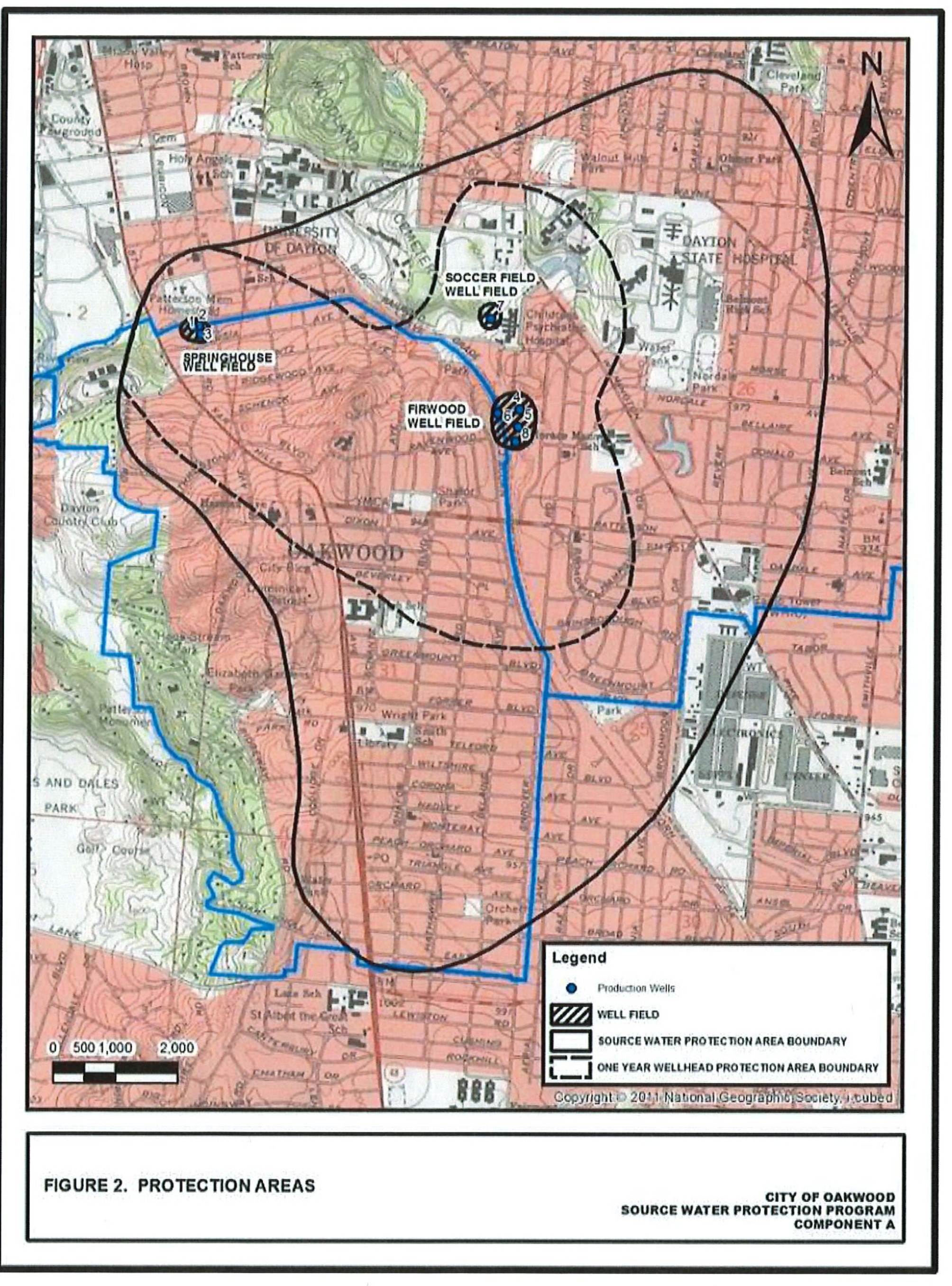 Map of Figure 2: Protection Areas for City of Oakwood Source Water Protection Program, Component A, showing Source Water Protection Area Boundary, One Year Wellhead Protection Area Boundary, Well Fields, and Production Wells.