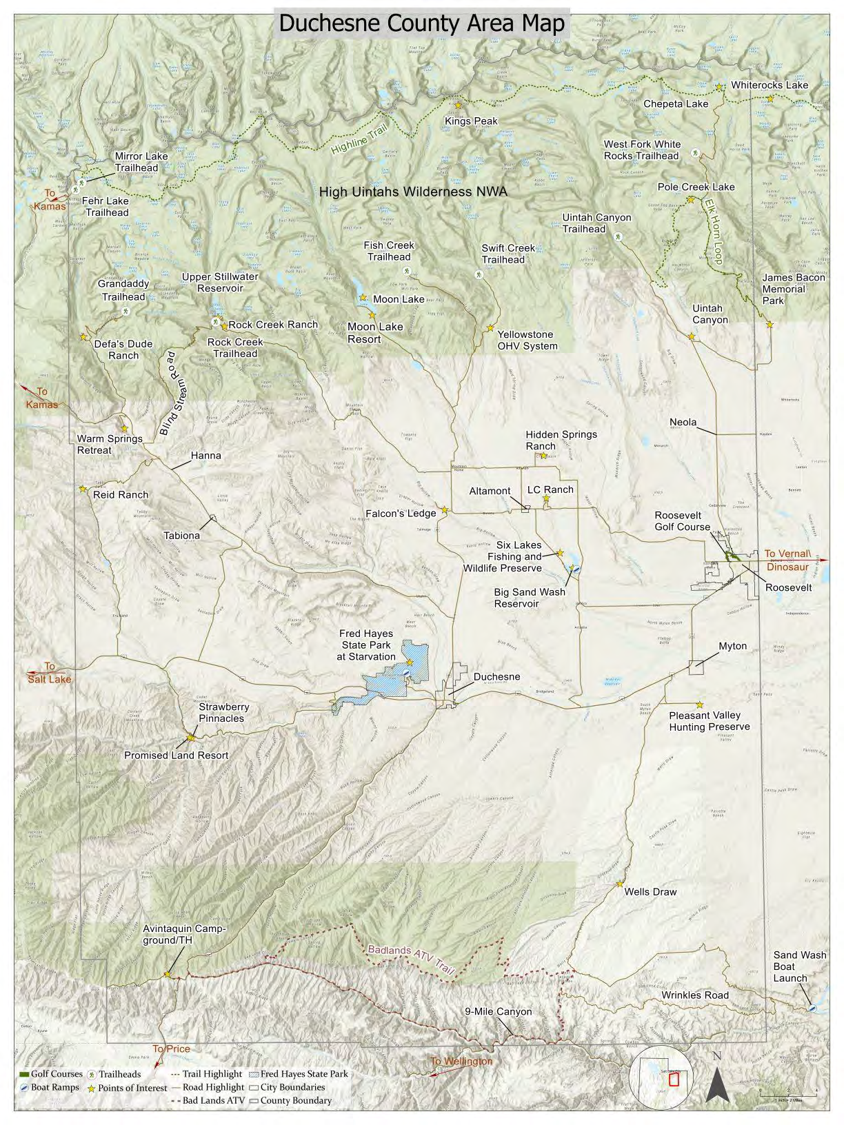 Duchesne County Area Map detailing recreation areas, trails, trailheads, reservoirs, state parks, and landmarks across High Uintahs Wilderness NWA and surrounding regions.