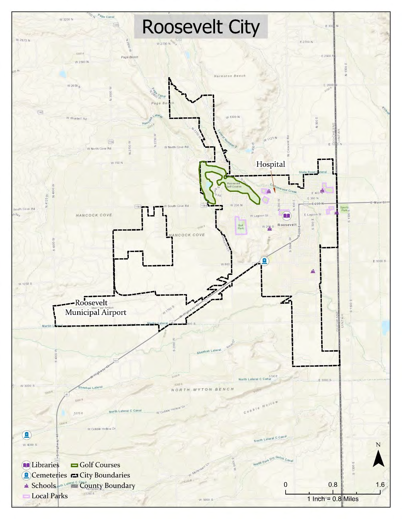 Map of Roosevelt City showing area connectivity points including libraries, golf courses, cemeteries, city boundaries, schools, county boundary, and local parks.