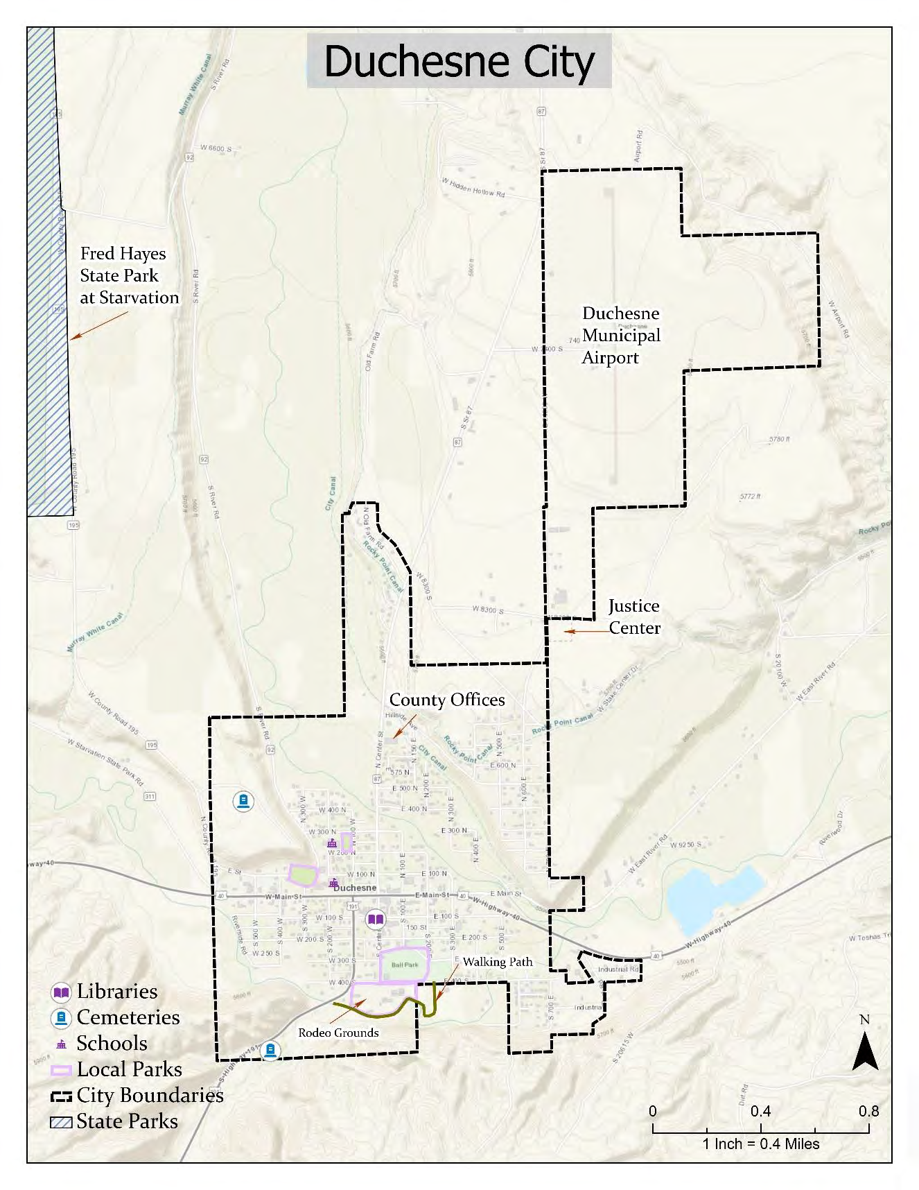 Map of Duchesne City Connectivity Points showing key locations including Fred Hayes State Park at Starvation, Duchesne Municipal Airport, Justice Center, County Offices, Walking Path, Rodeo Grounds, and City Boundaries.